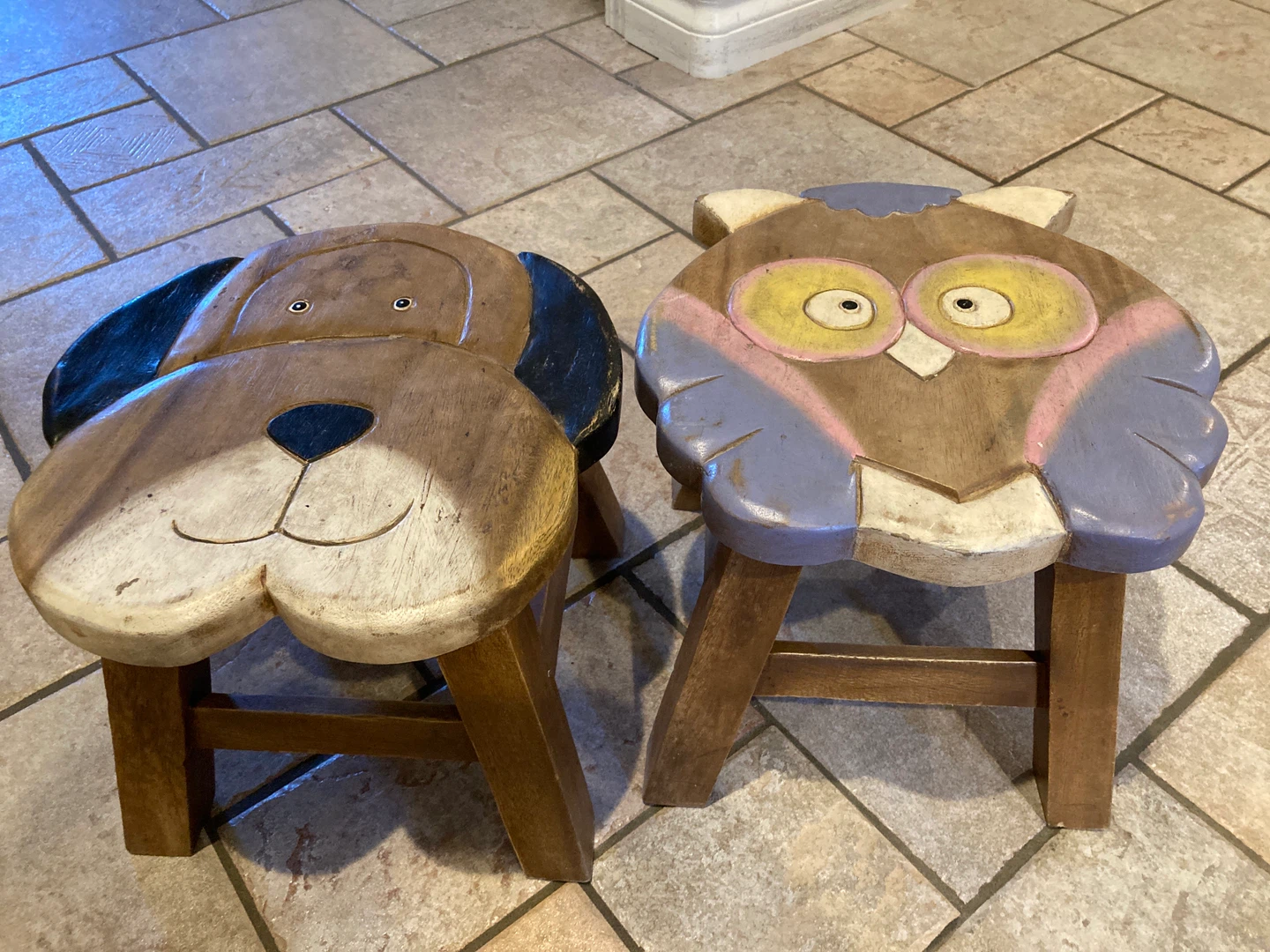 Kids Wooden Stool - Dog and Owl Design