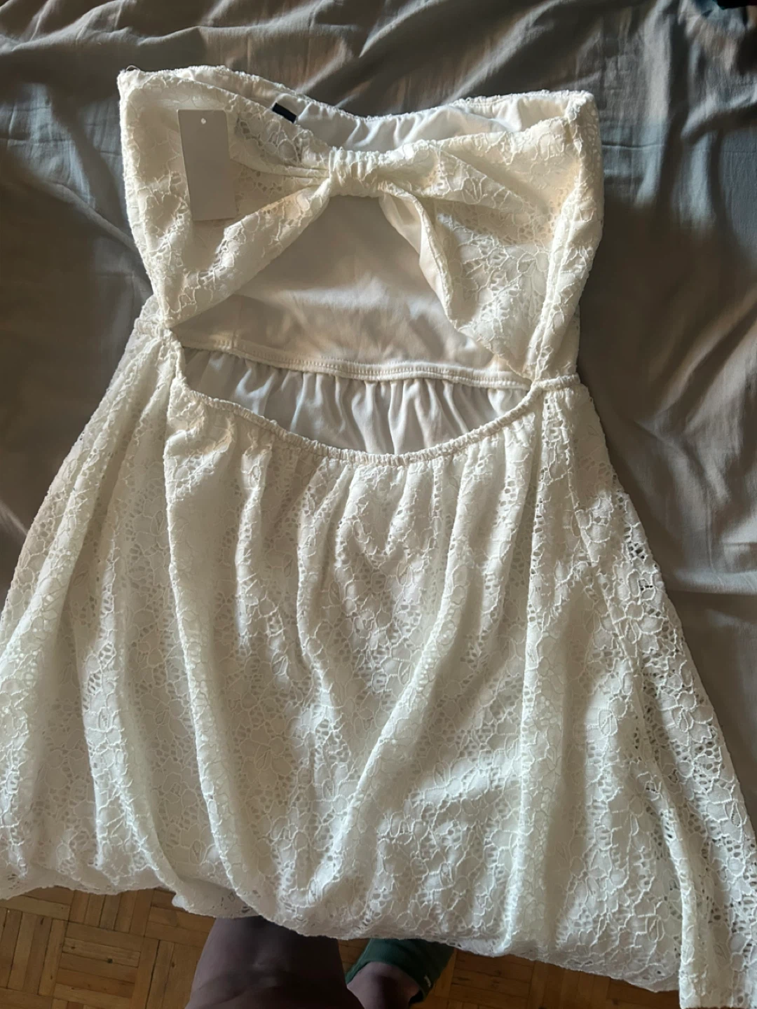 White Lace Strapless Dress with Bow Back - photo 2