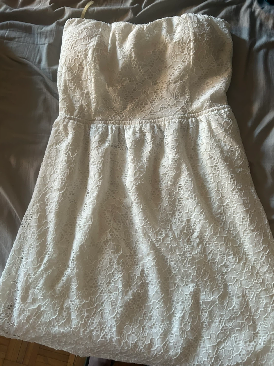 White Lace Strapless Dress with Bow Back