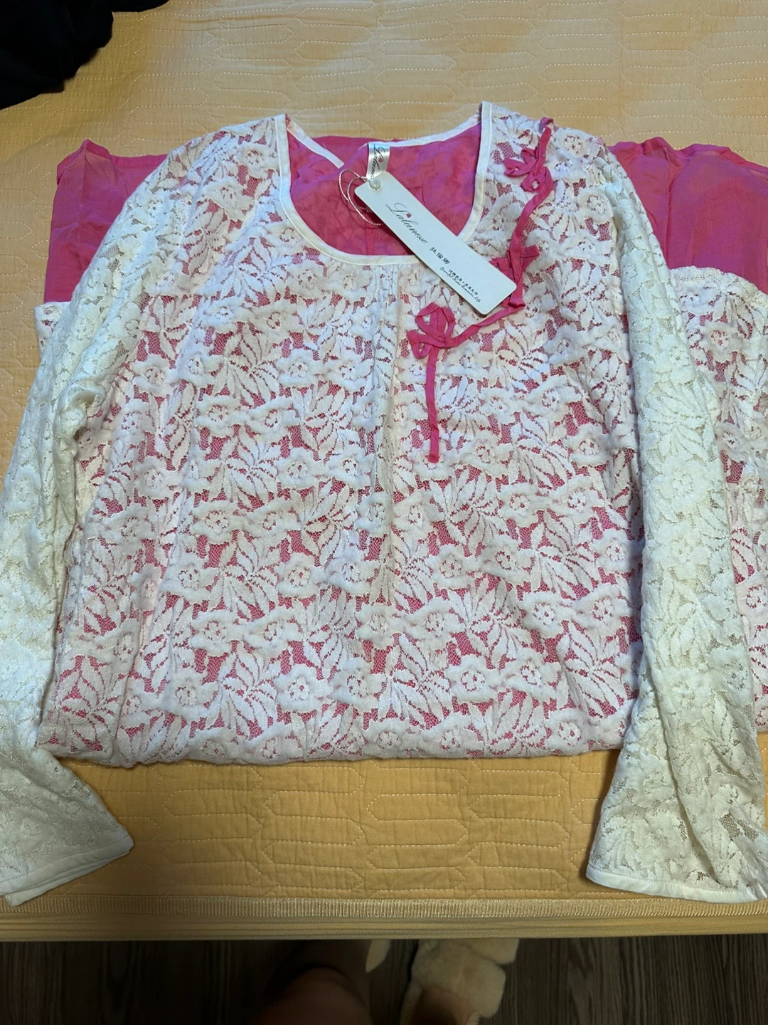 Women's White Lace Top with Pink Lining