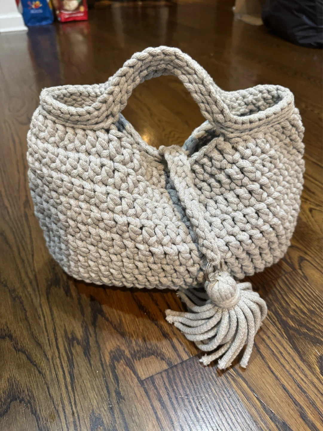 Gray Crochet Hobo Bag with Tassel