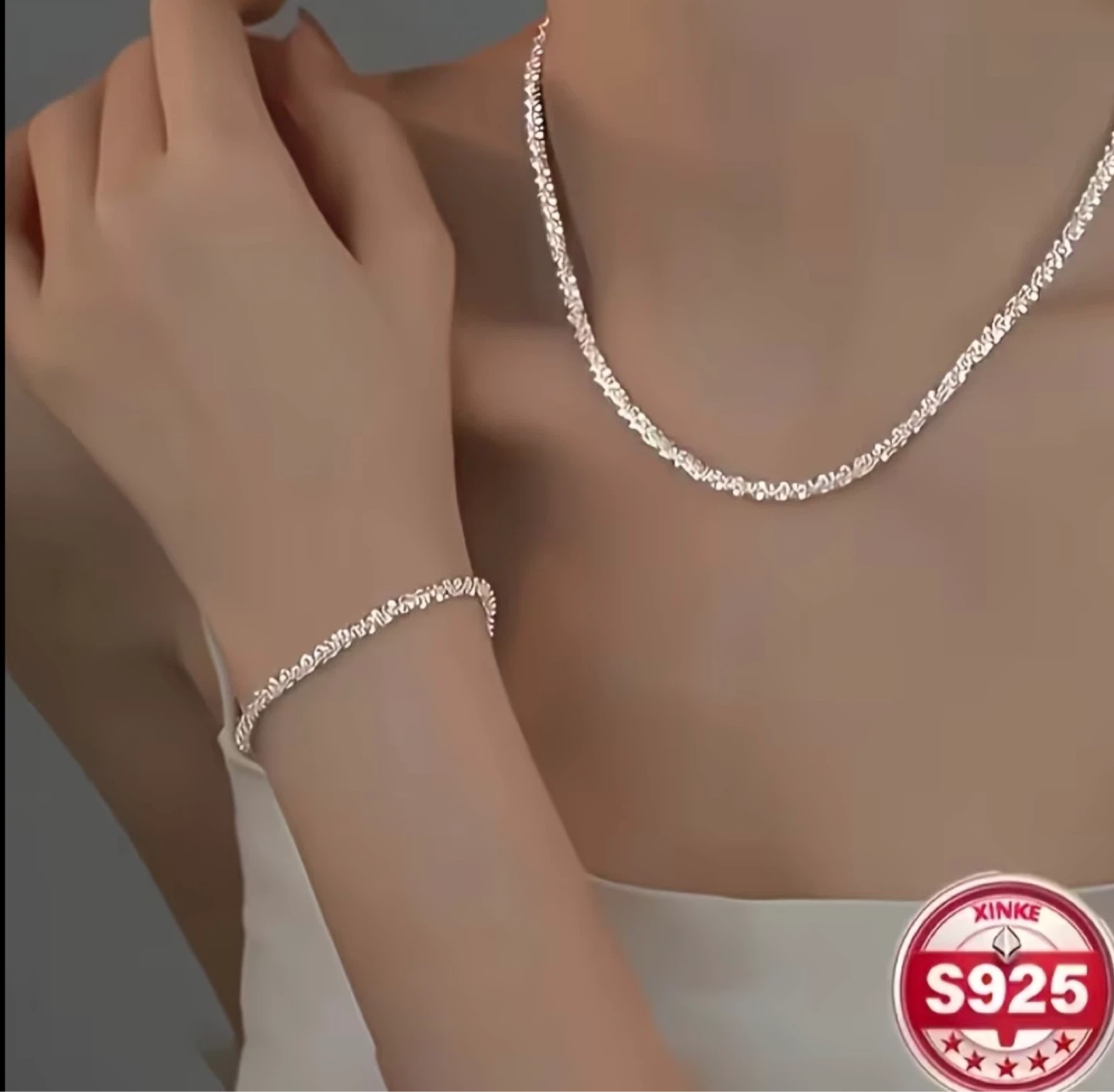 New Silver Chain Necklace & Bracelet Set
