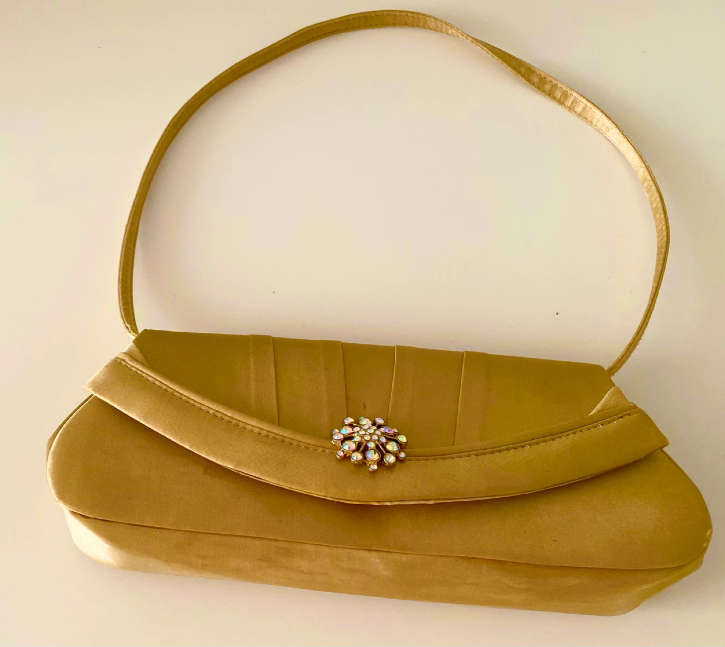 Gold Satin Clutch with Rhinestone Accent