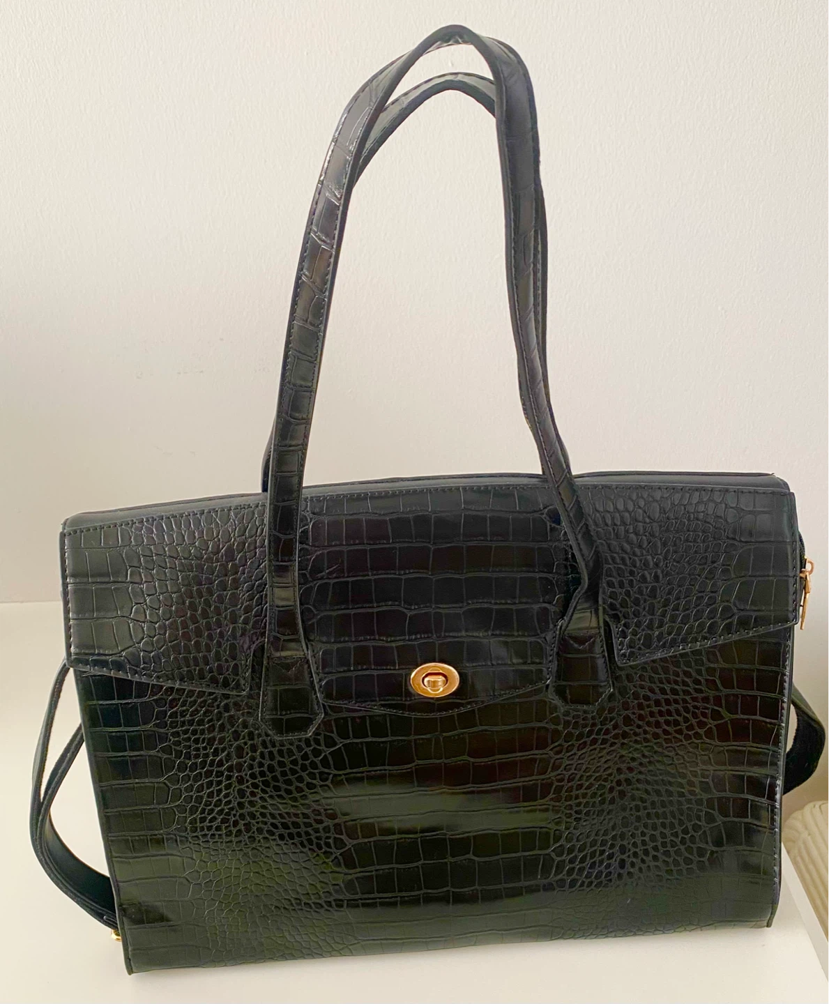 Black Croc-Embossed Tote Bag with Shoulder Strap - photo 3