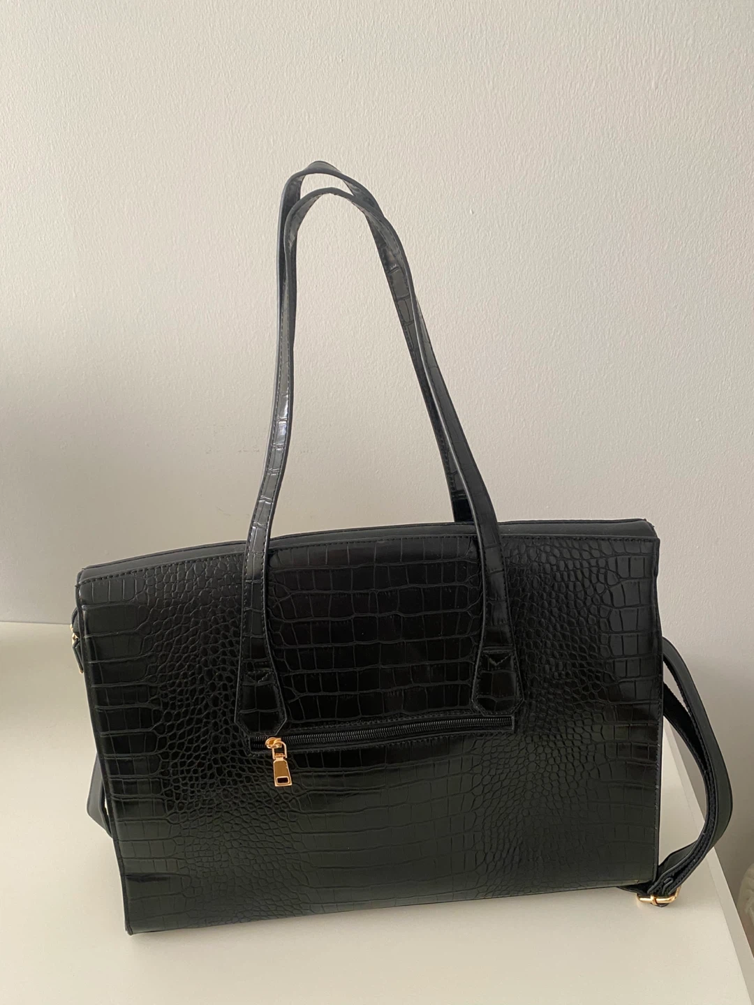 Black Croc-Embossed Tote Bag with Shoulder Strap - photo 2