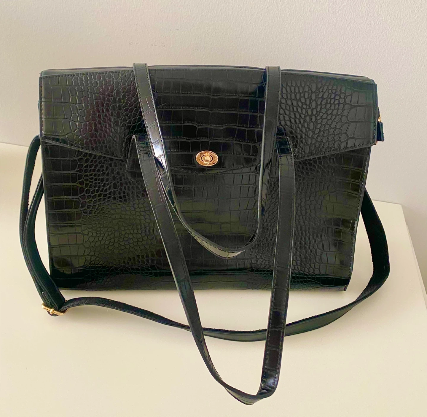 Black Croc-Embossed Tote Bag with Shoulder Strap