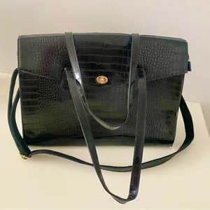 Black Croc-Embossed Tote Bag with Shoulder Strap