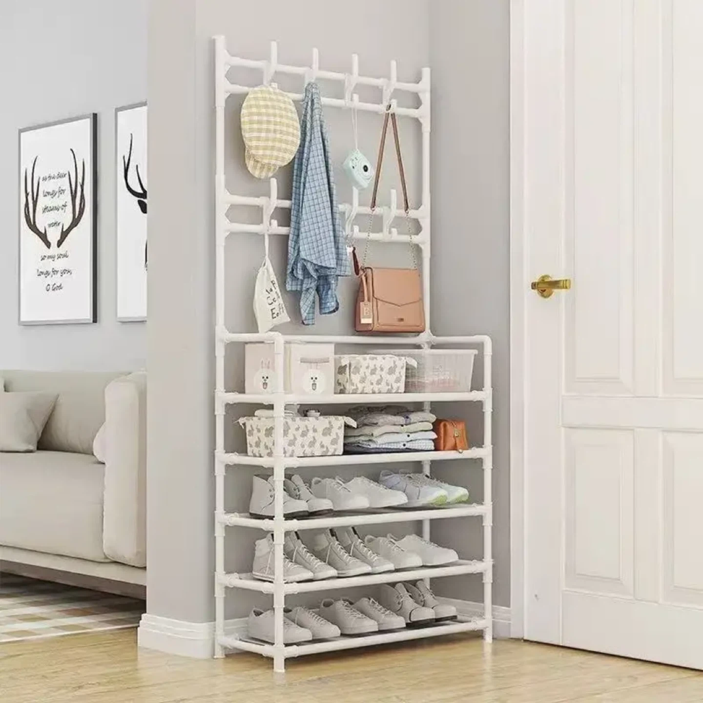 White Shoe Rack with Coat Hooks