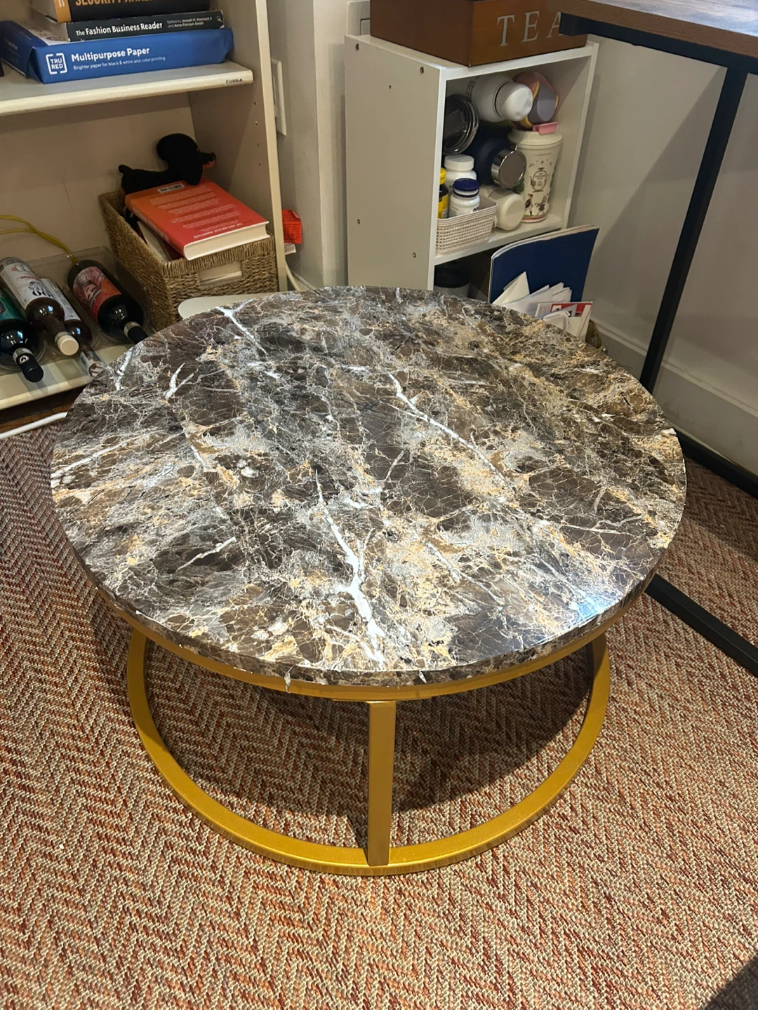 Gold Coffee Table with Marble-Look Vinyl Top