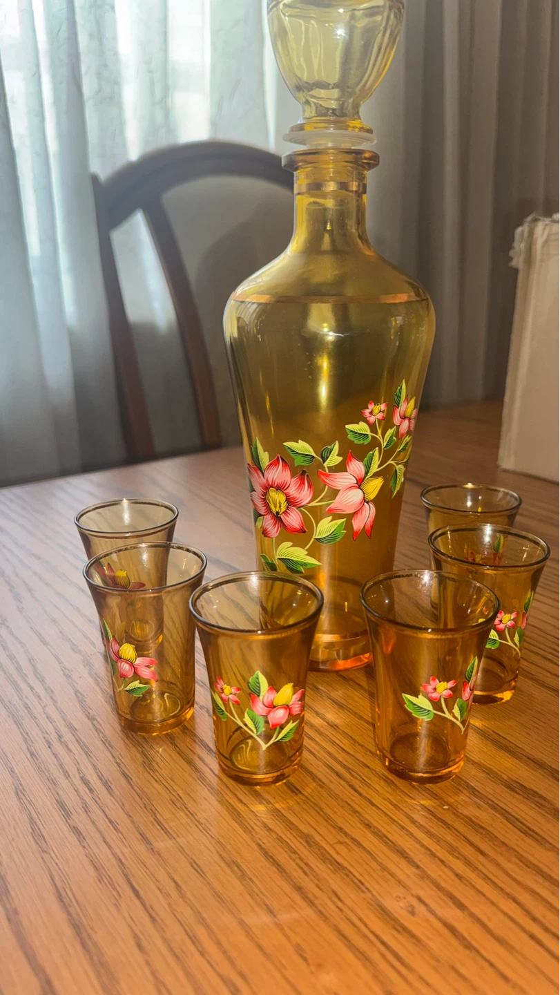 Vintage Amber Glass Decanter Set with Floral Design