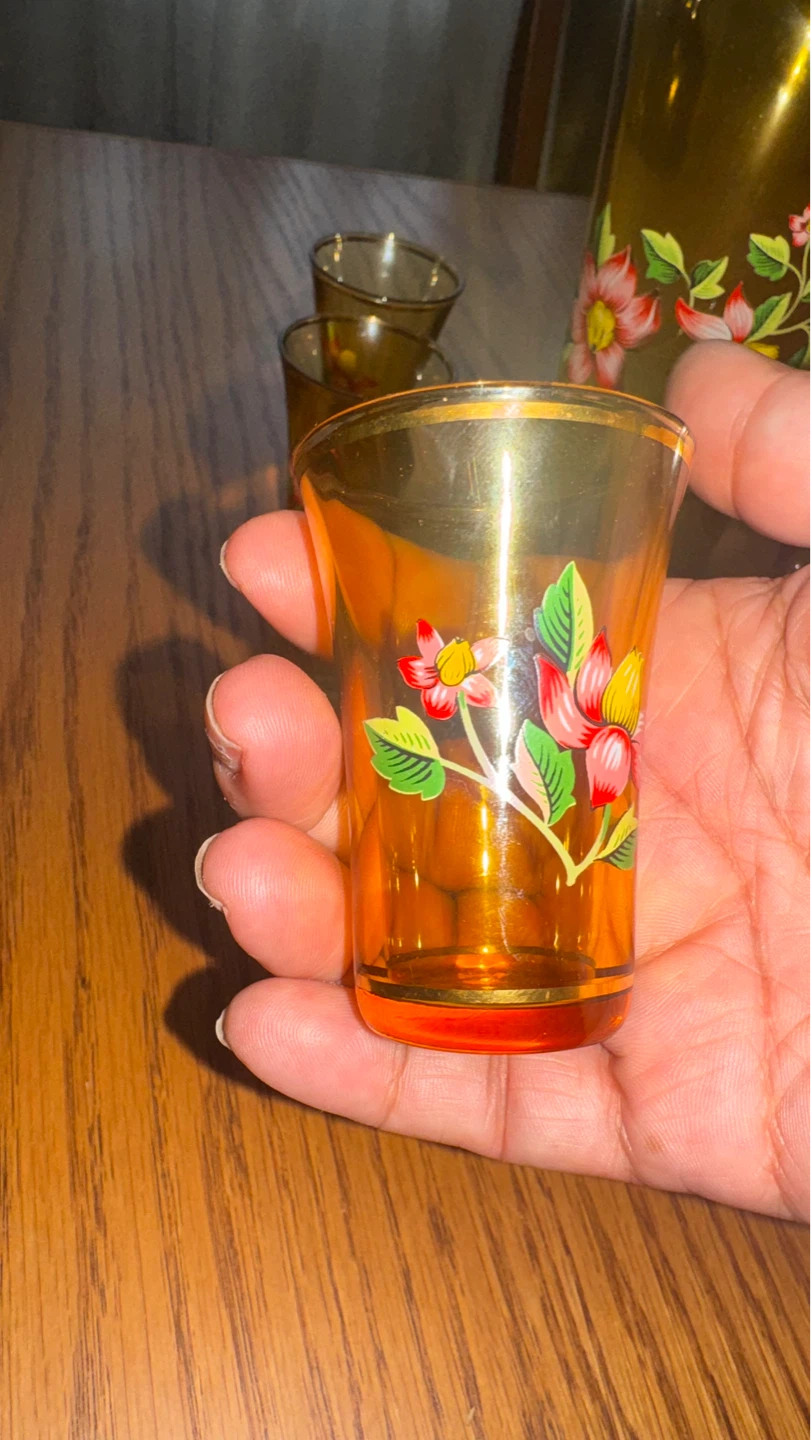 Vintage Amber Glass Decanter Set with Floral Design - photo 3