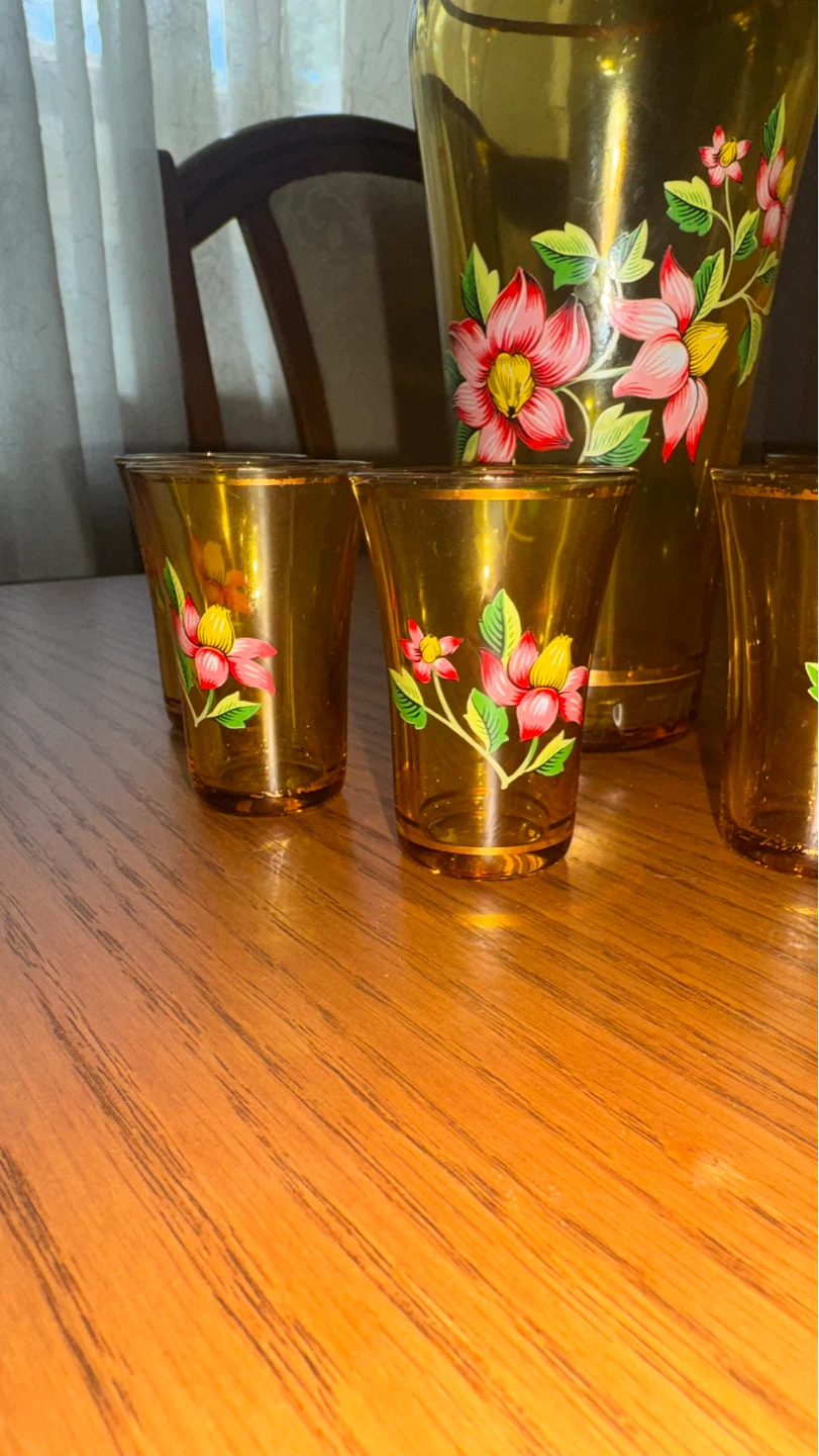 Vintage Amber Glass Decanter Set with Floral Design - photo 2