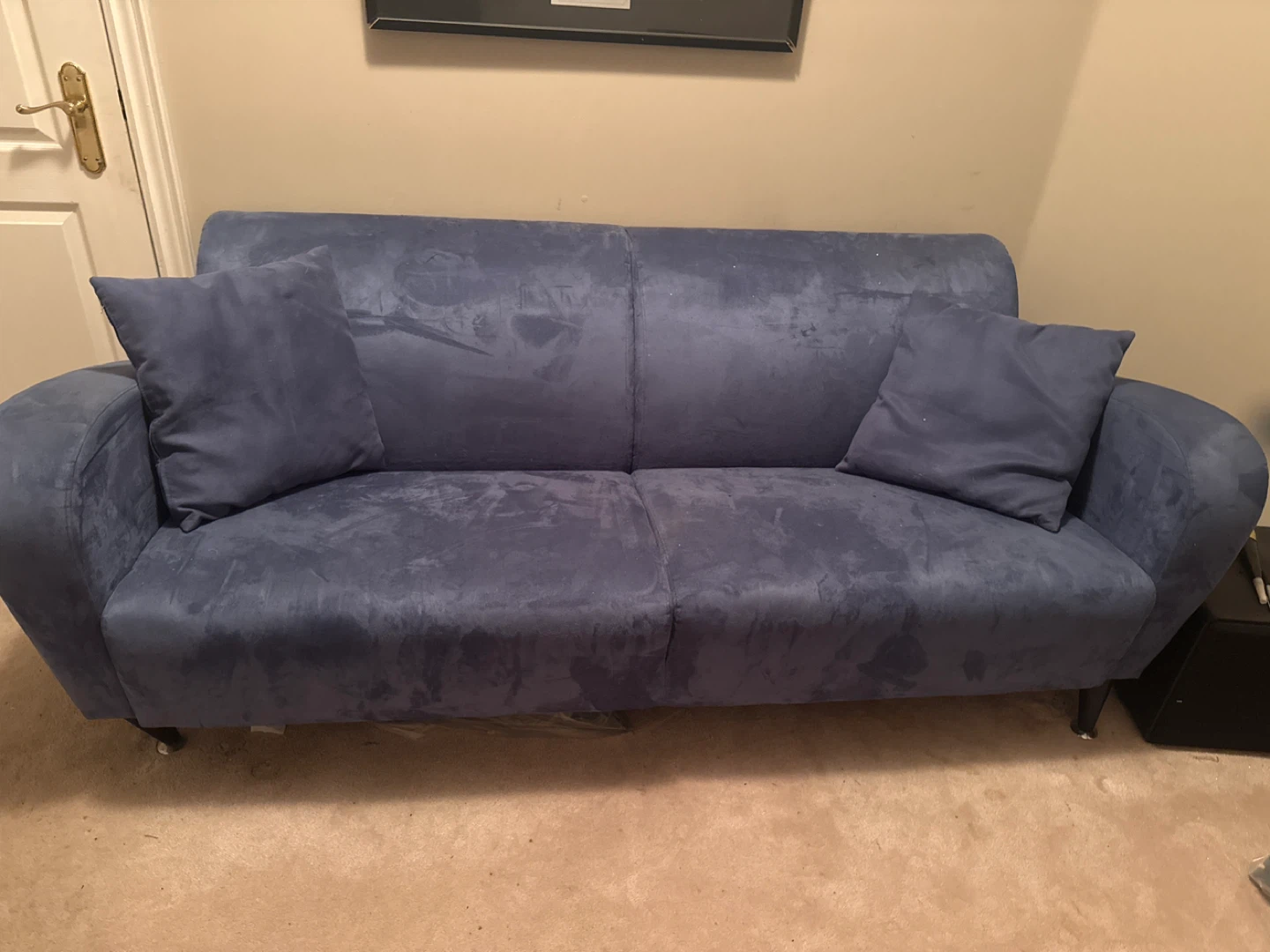 Blue Suede Loveseat with Throw Pillows
