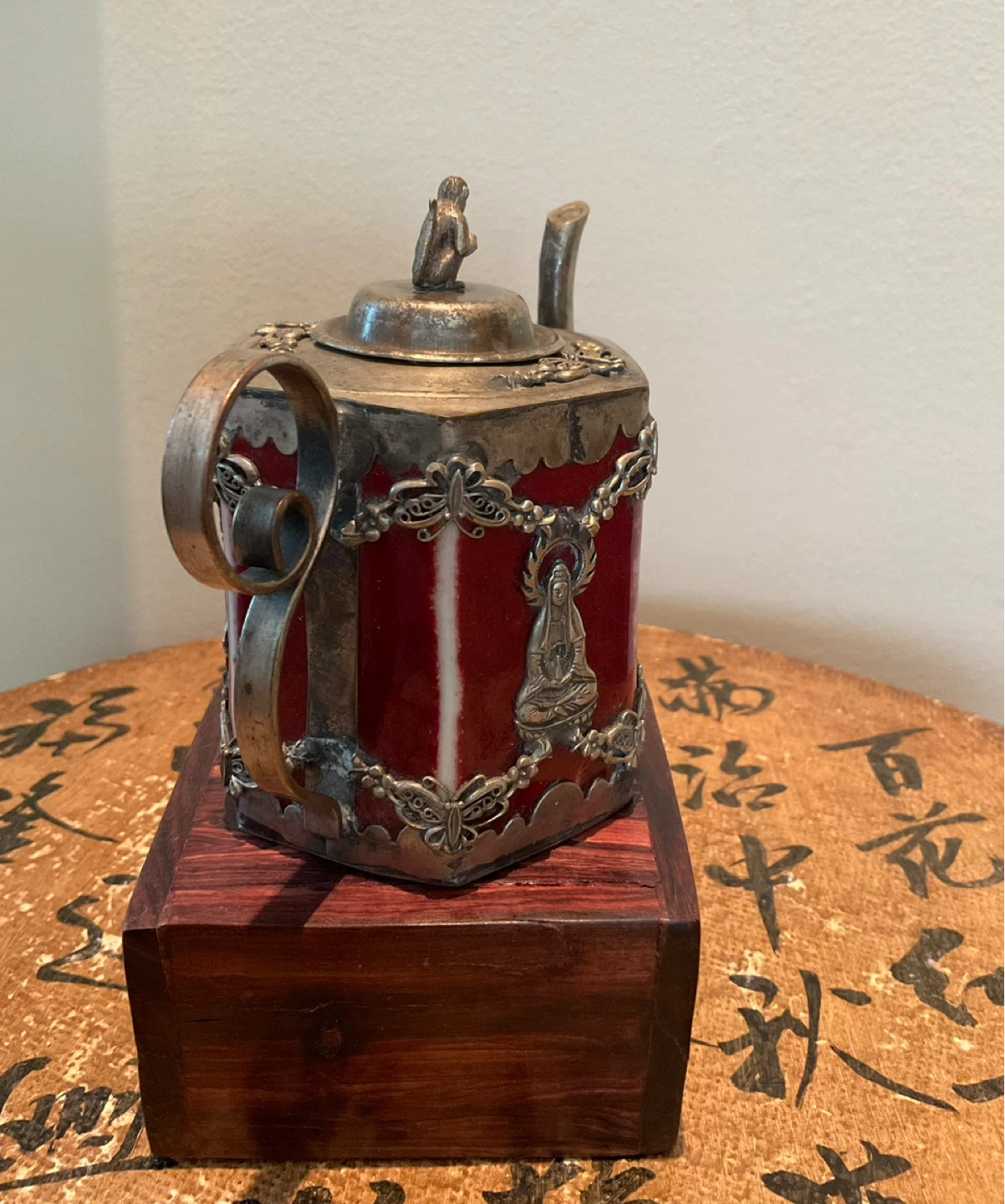 Vintage Ornate Metal and Red Ceramic Teapot with Monkey Finial - photo 4