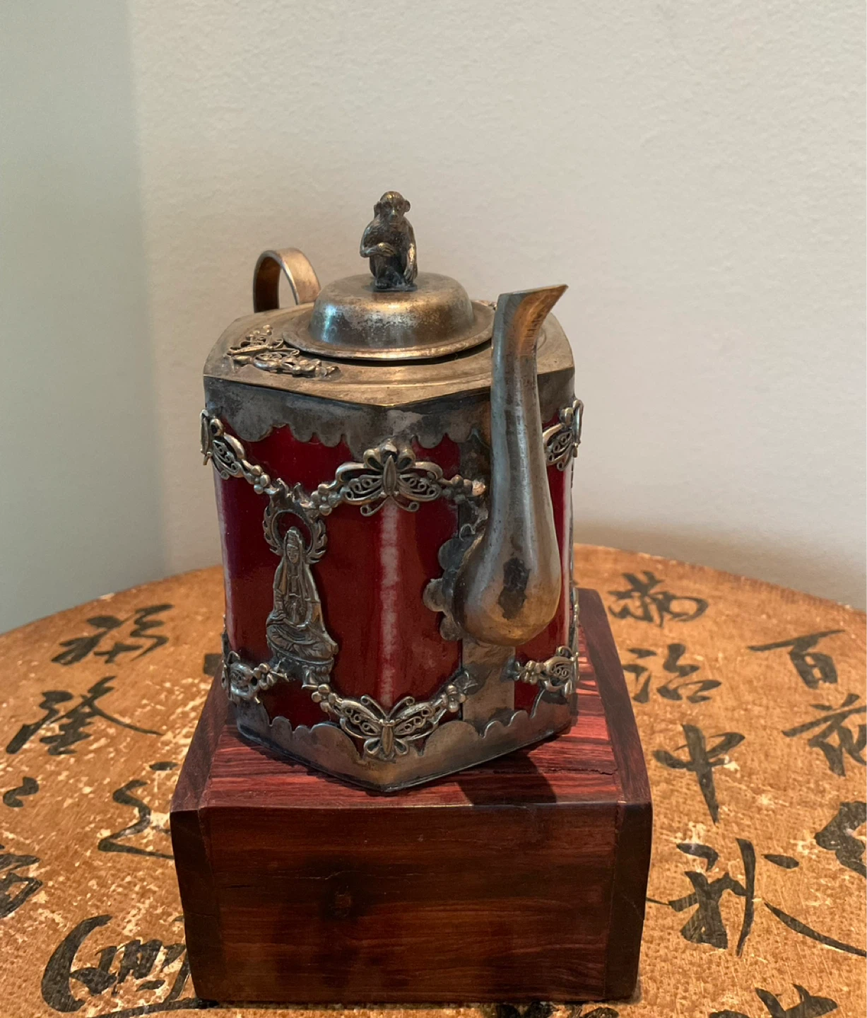 Vintage Ornate Metal and Red Ceramic Teapot with Monkey Finial - photo 3