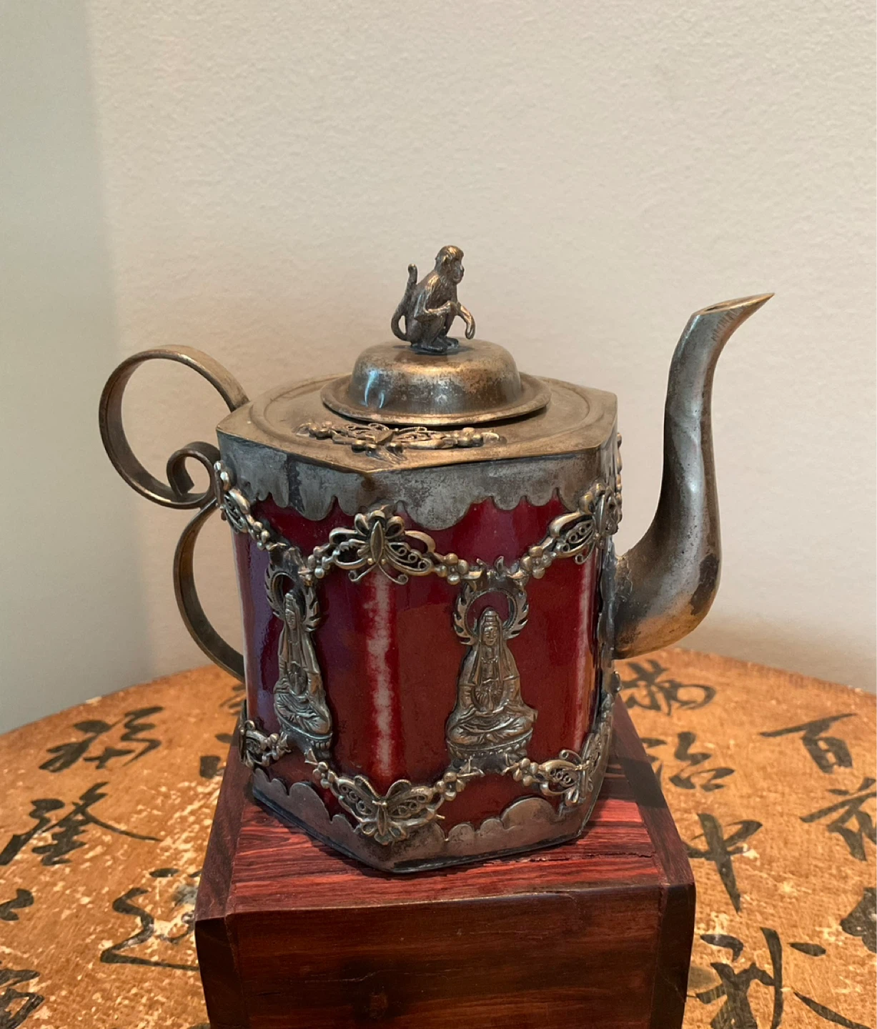 Vintage Ornate Metal and Red Ceramic Teapot with Monkey Finial - photo 2