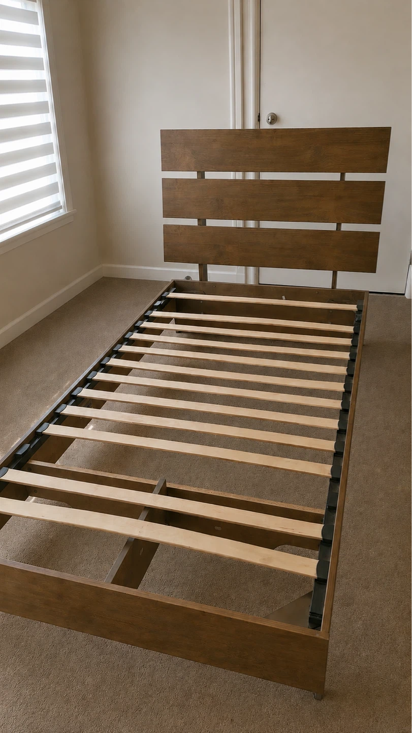 Twin Bed Frame with Wooden Slats – Dark Brown