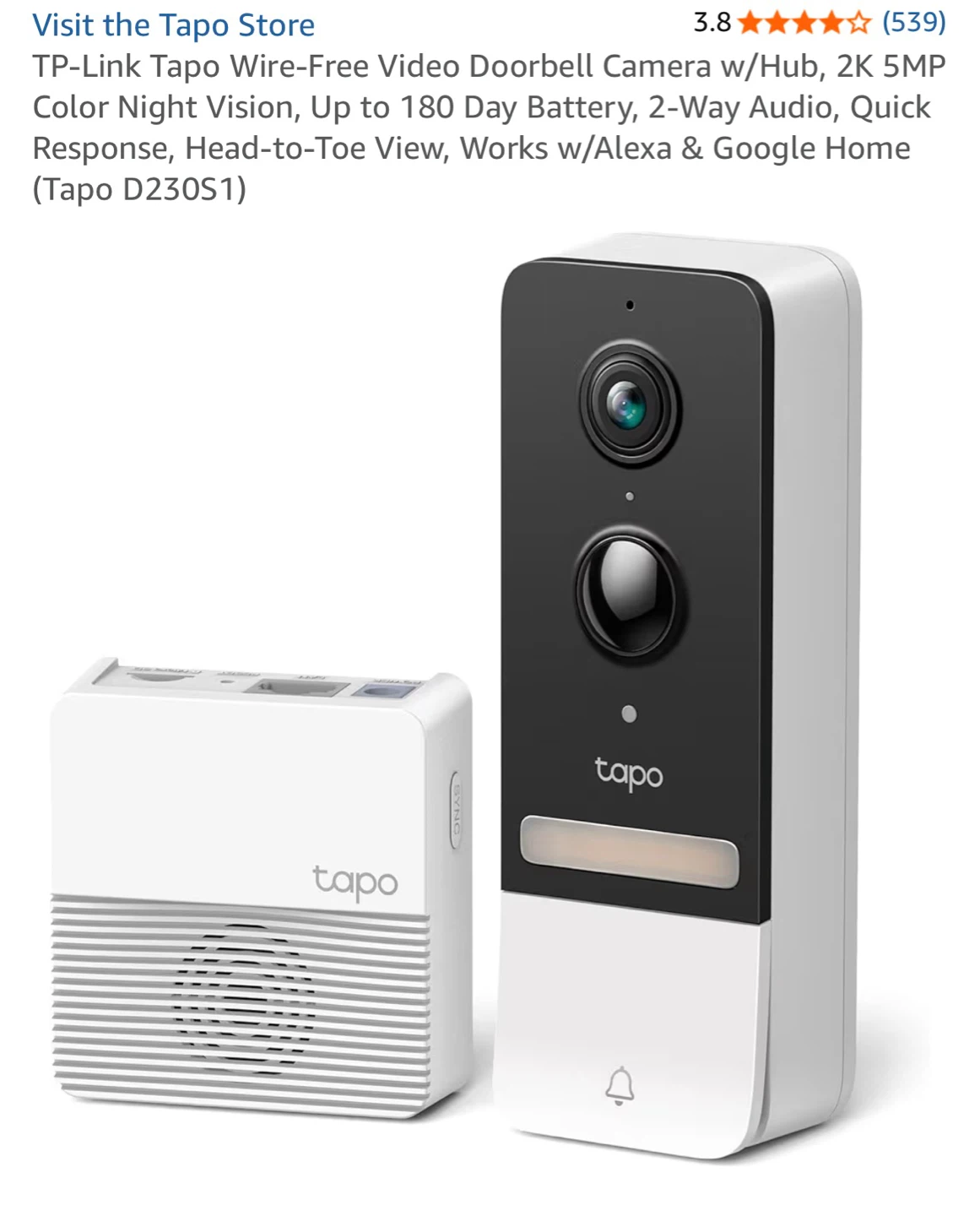 Tapo Wire-Free Video Doorbell Camera with Hub