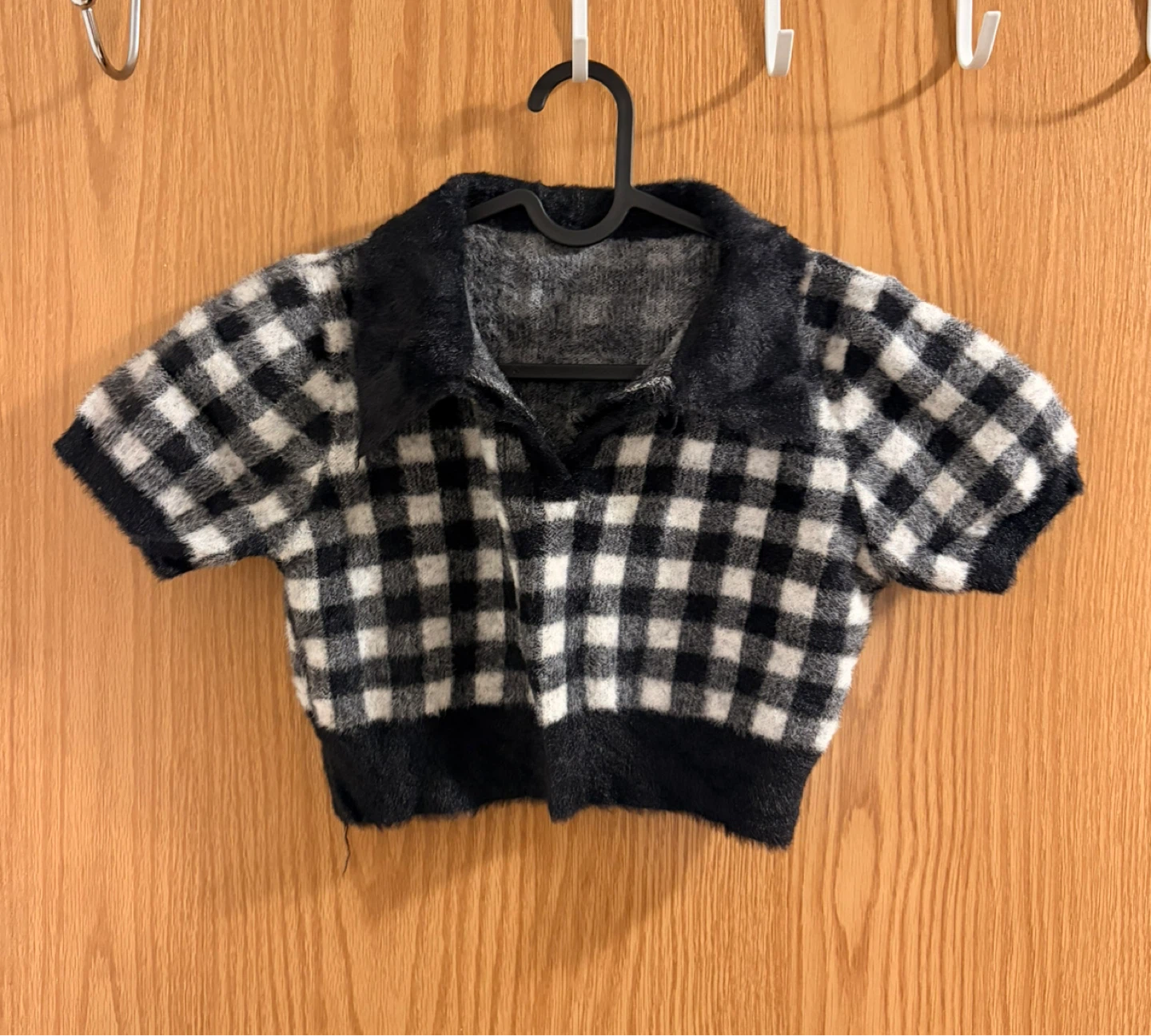 Black and White Gingham Fuzzy Cropped Top