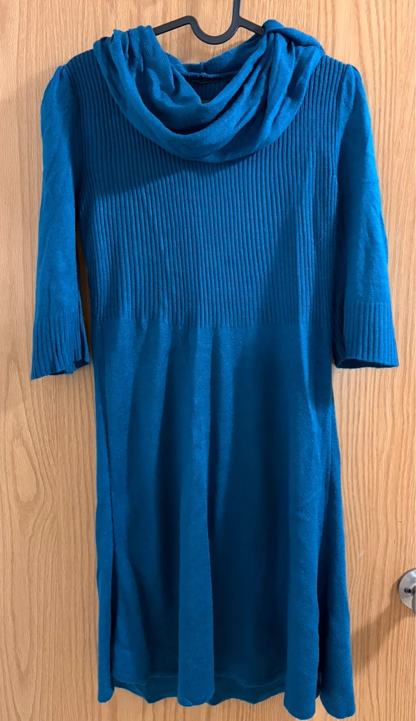 Teal Cowl Neck Knit Sweater Dress