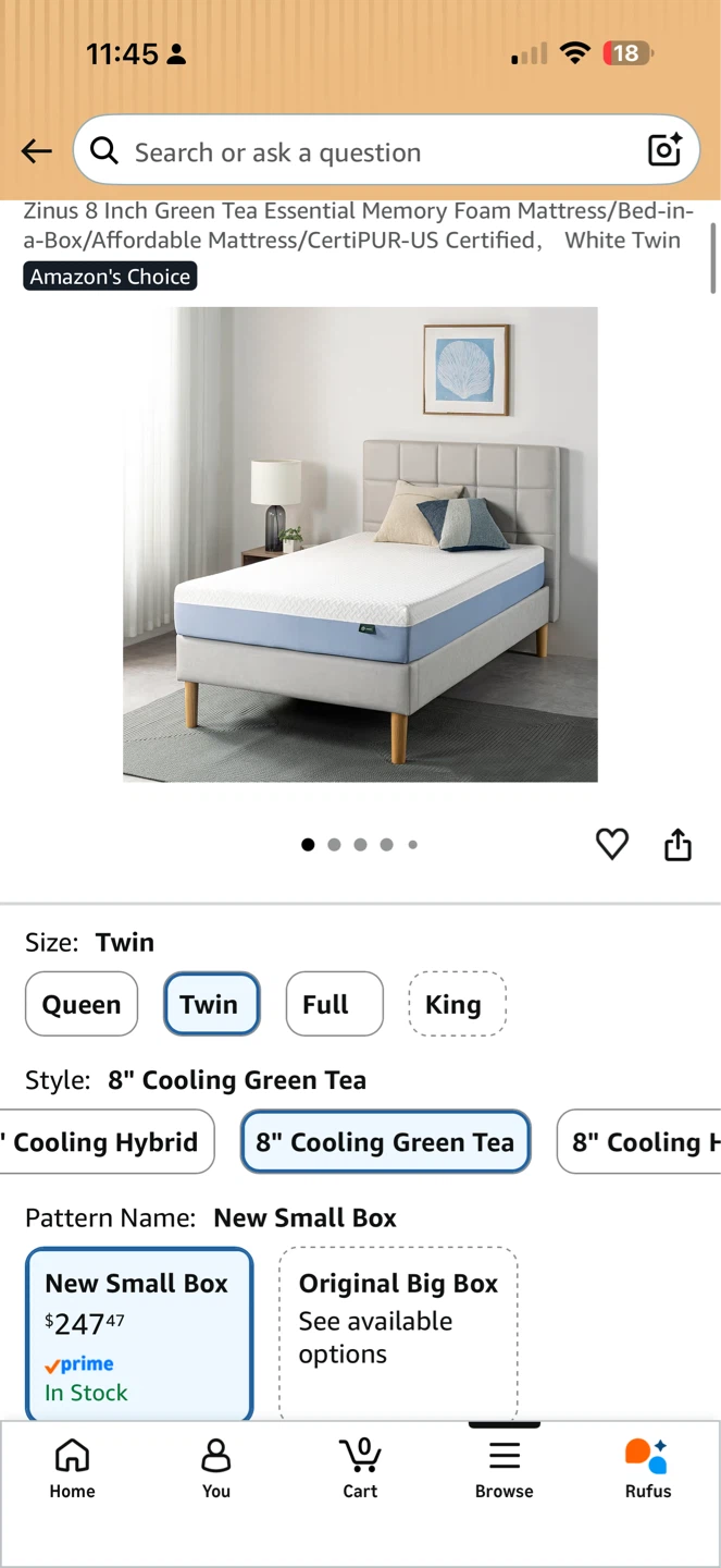 Zinus 8" Green Tea Essential Memory Foam Mattress, White Twin