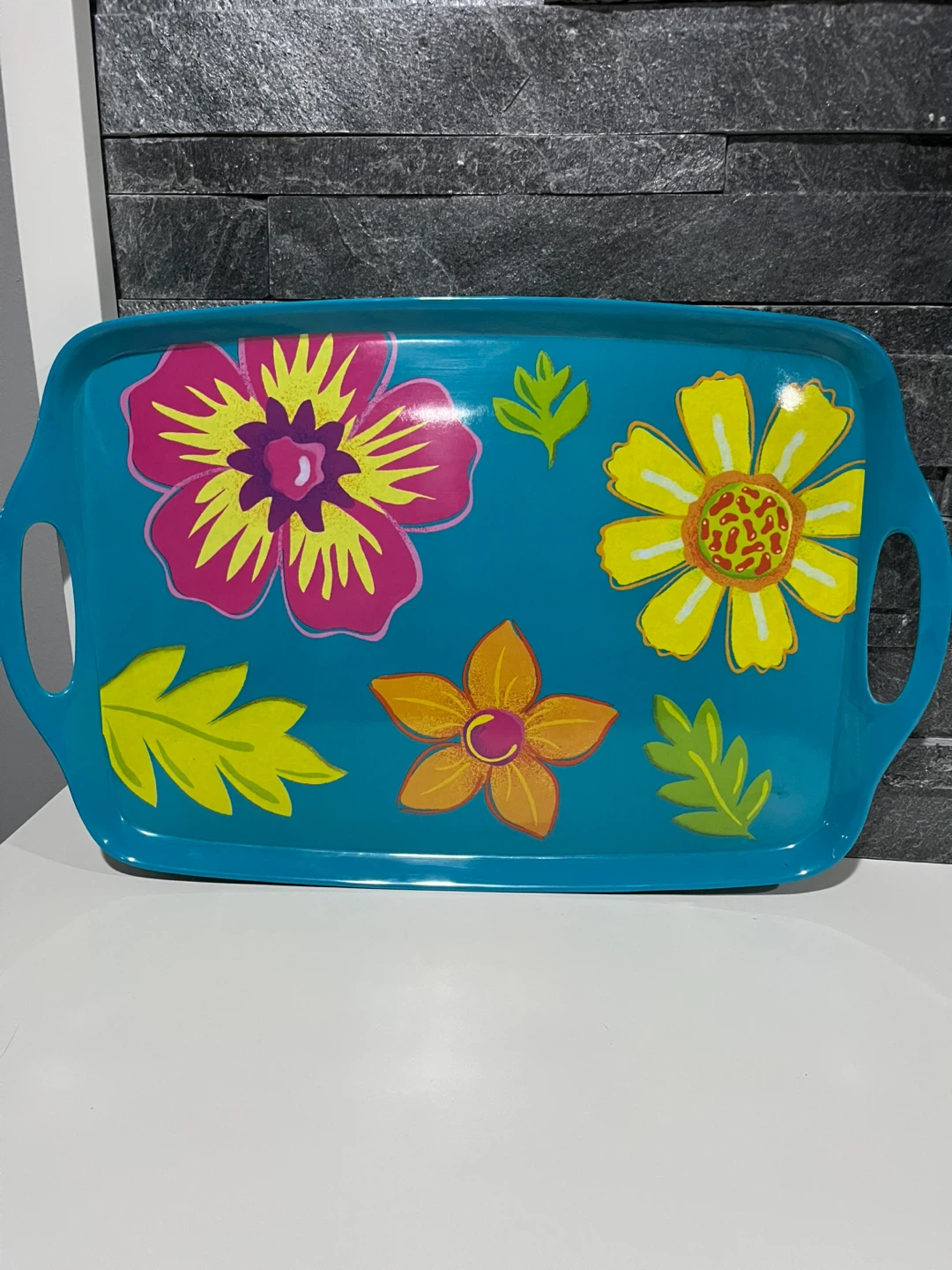 Blue Serving Tray with Floral Design