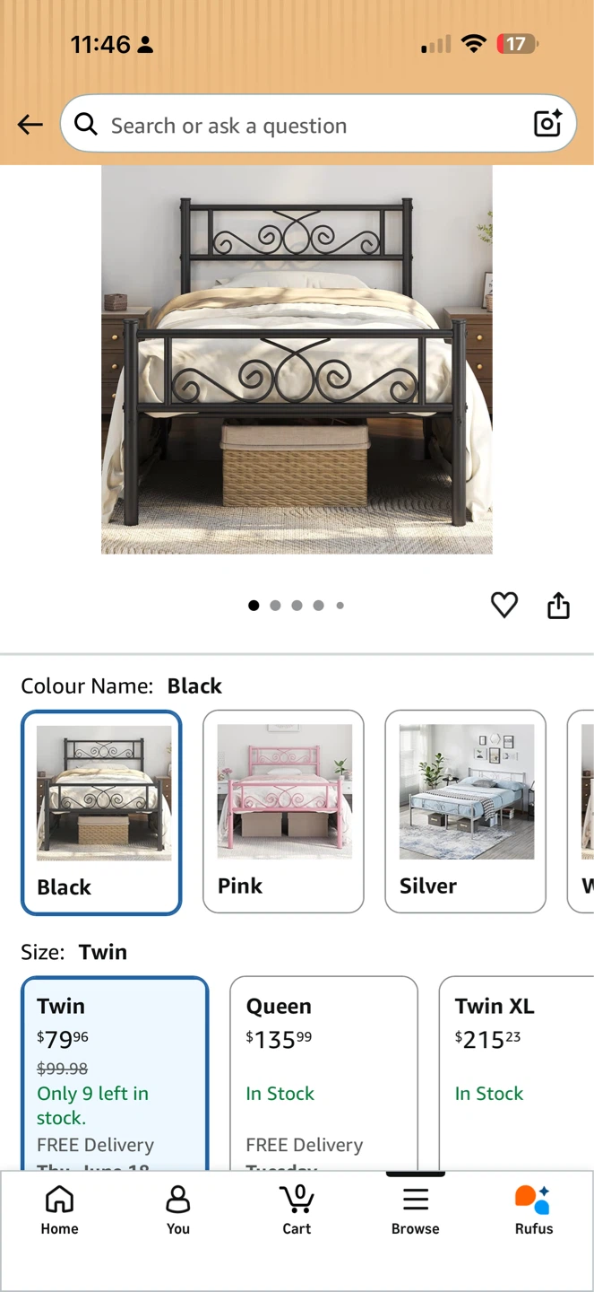 Black Metal Twin Bed Frame with Scroll Design