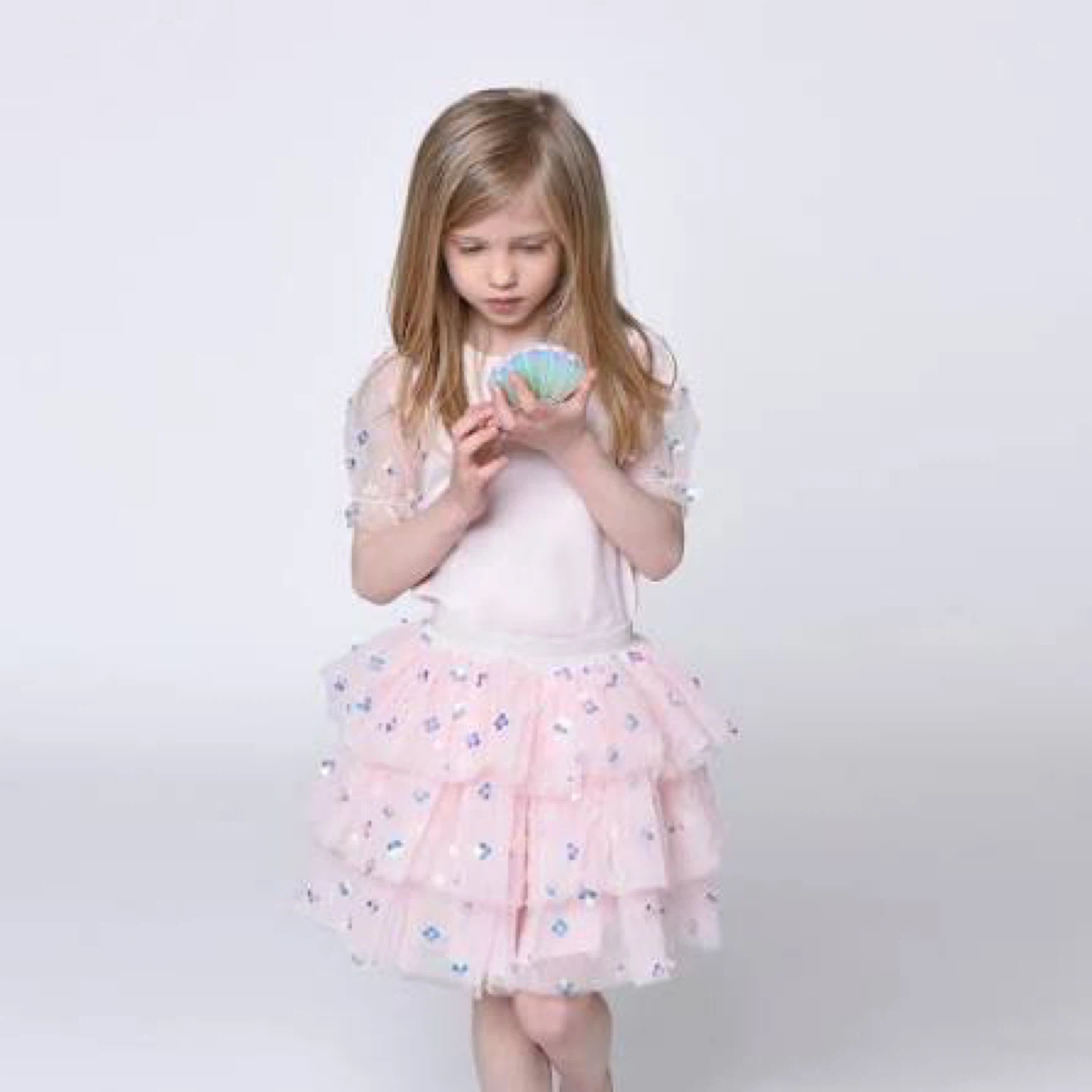 Charabia Paris Pink T-Shirt with Tulle Sleeves w Sequins
