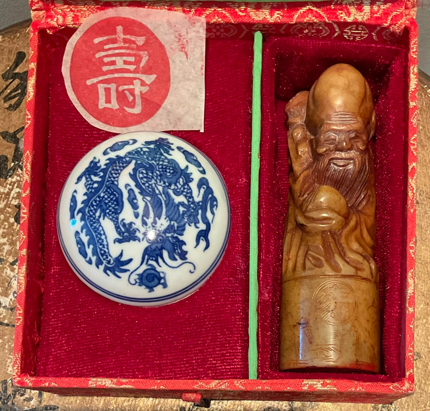 Chinese Soapstone Seal Set w/ Shoulao Carving and Cinnabar Paste