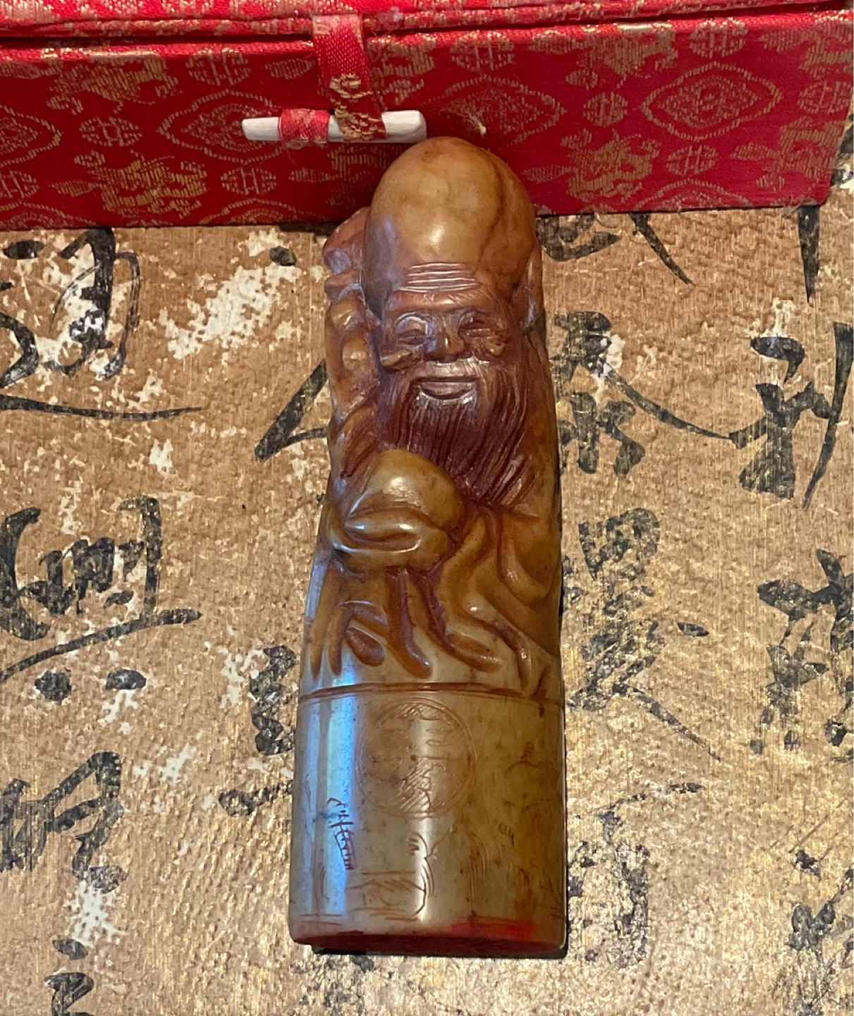 Chinese Soapstone Seal Set w/ Shoulao Carving and Cinnabar Paste - photo 3
