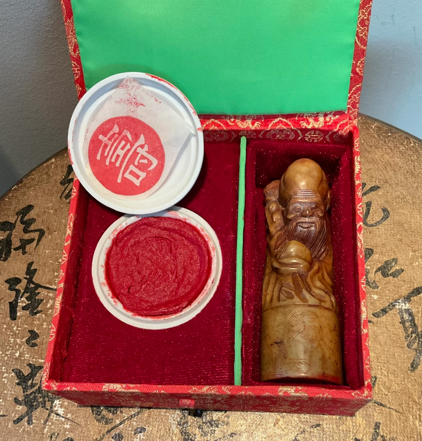 Chinese Soapstone Seal Set w/ Shoulao Carving and Cinnabar Paste - photo 4
