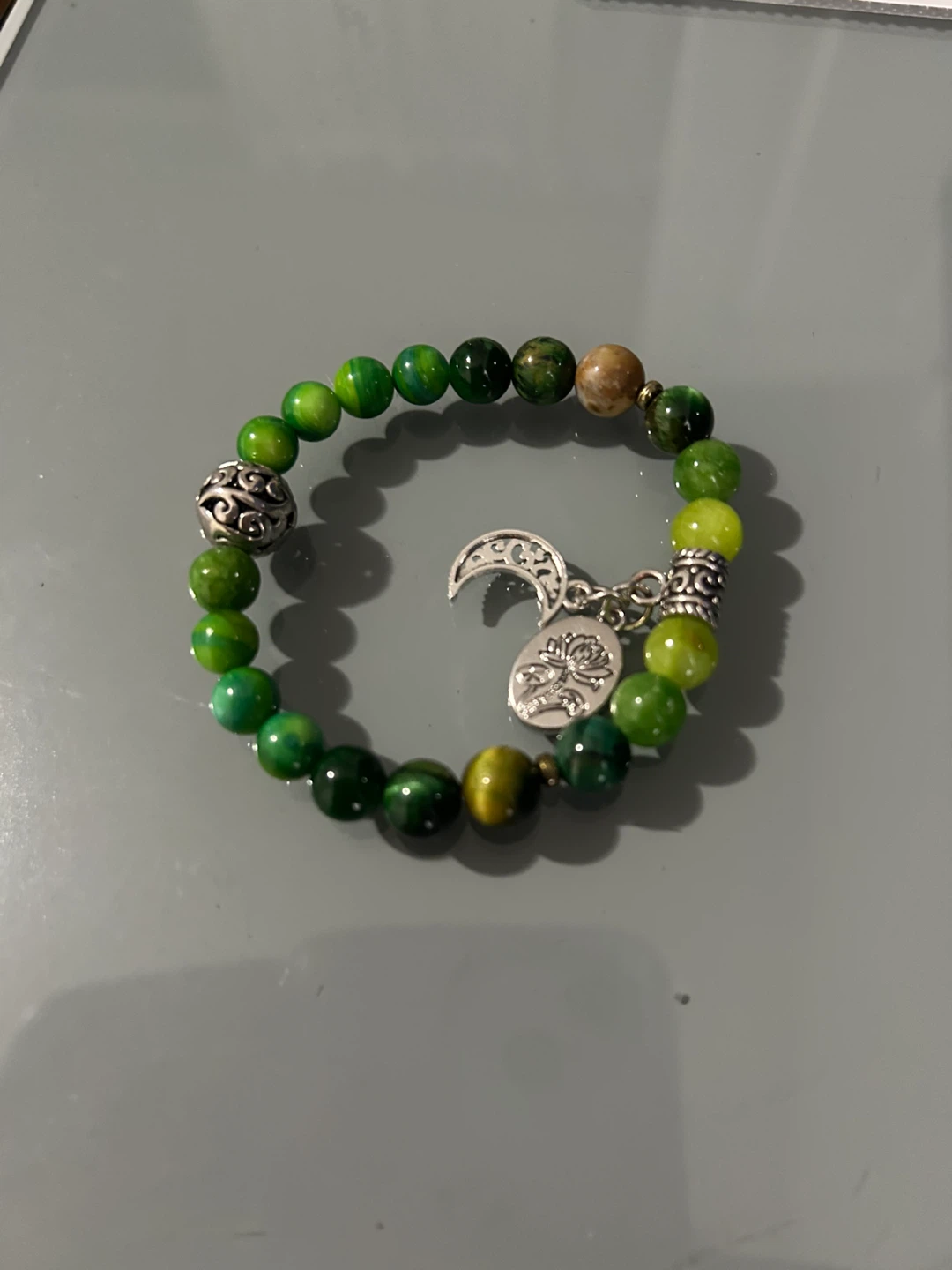 Green Beaded Bracelet with Moon Charm