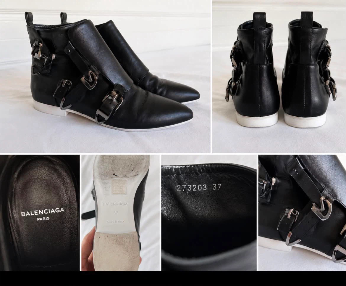 Balenciaga Black Leather Buckle Ankle Boots Size 37