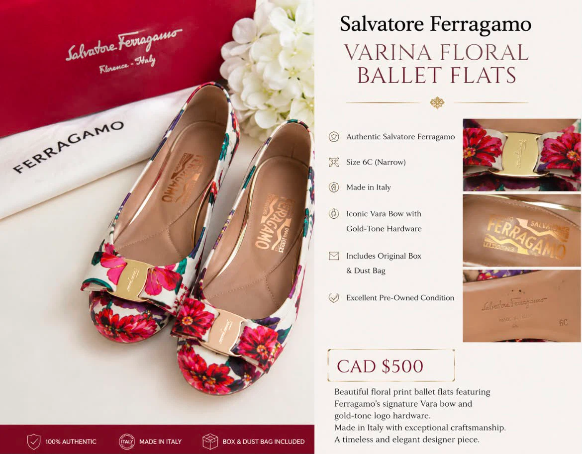 Salvatore Ferragamo Varina Floral Ballet Flats Size 6C