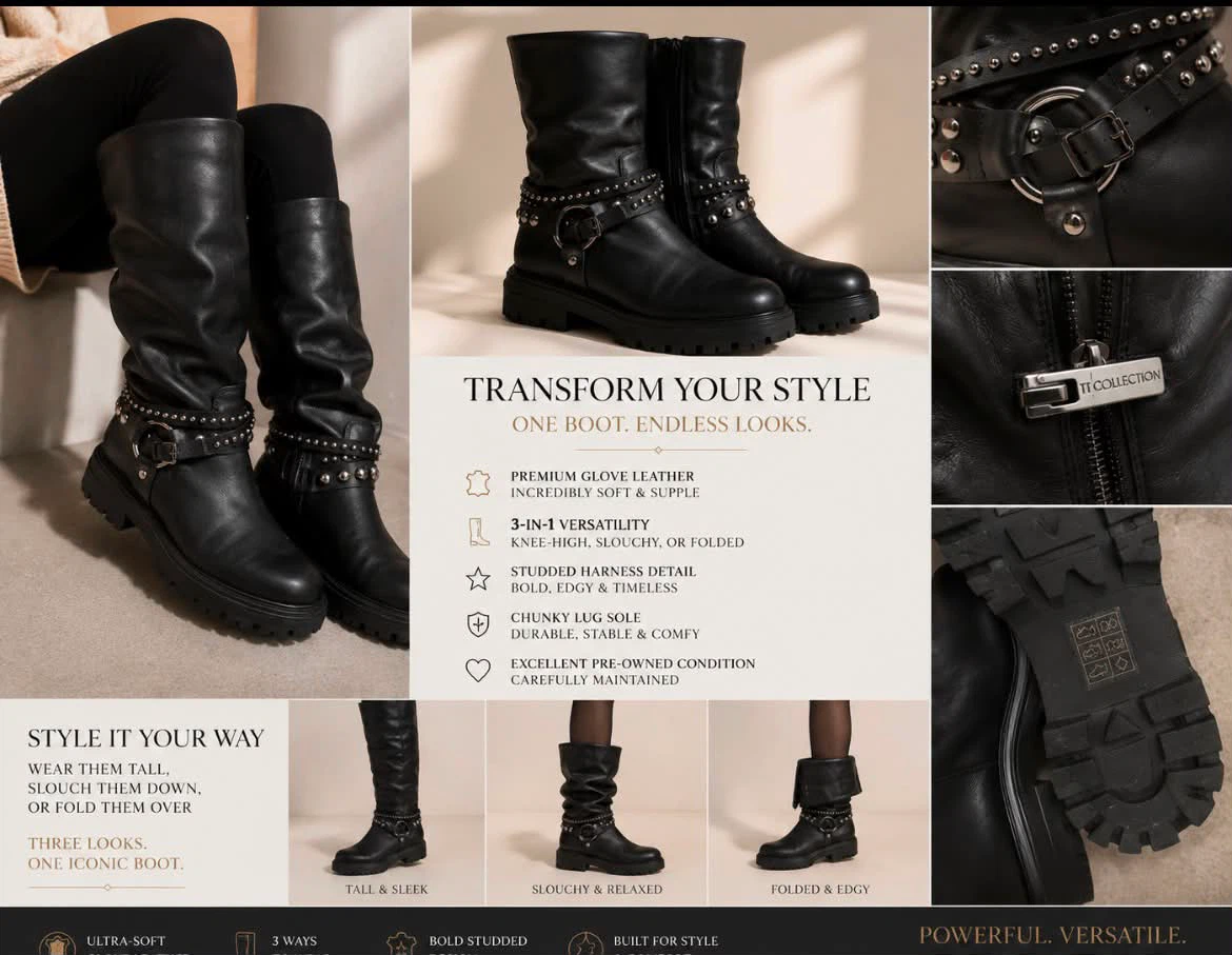 TT Collection Black Leather Studded Boots