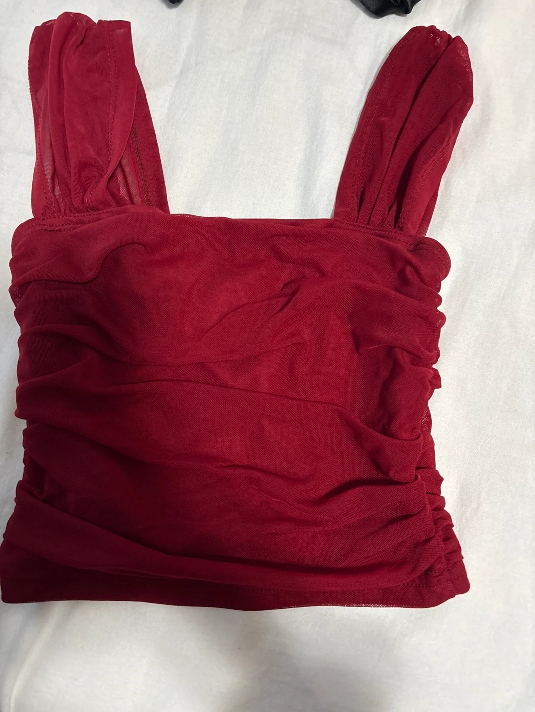 Red Ruched Mesh Tank Top
