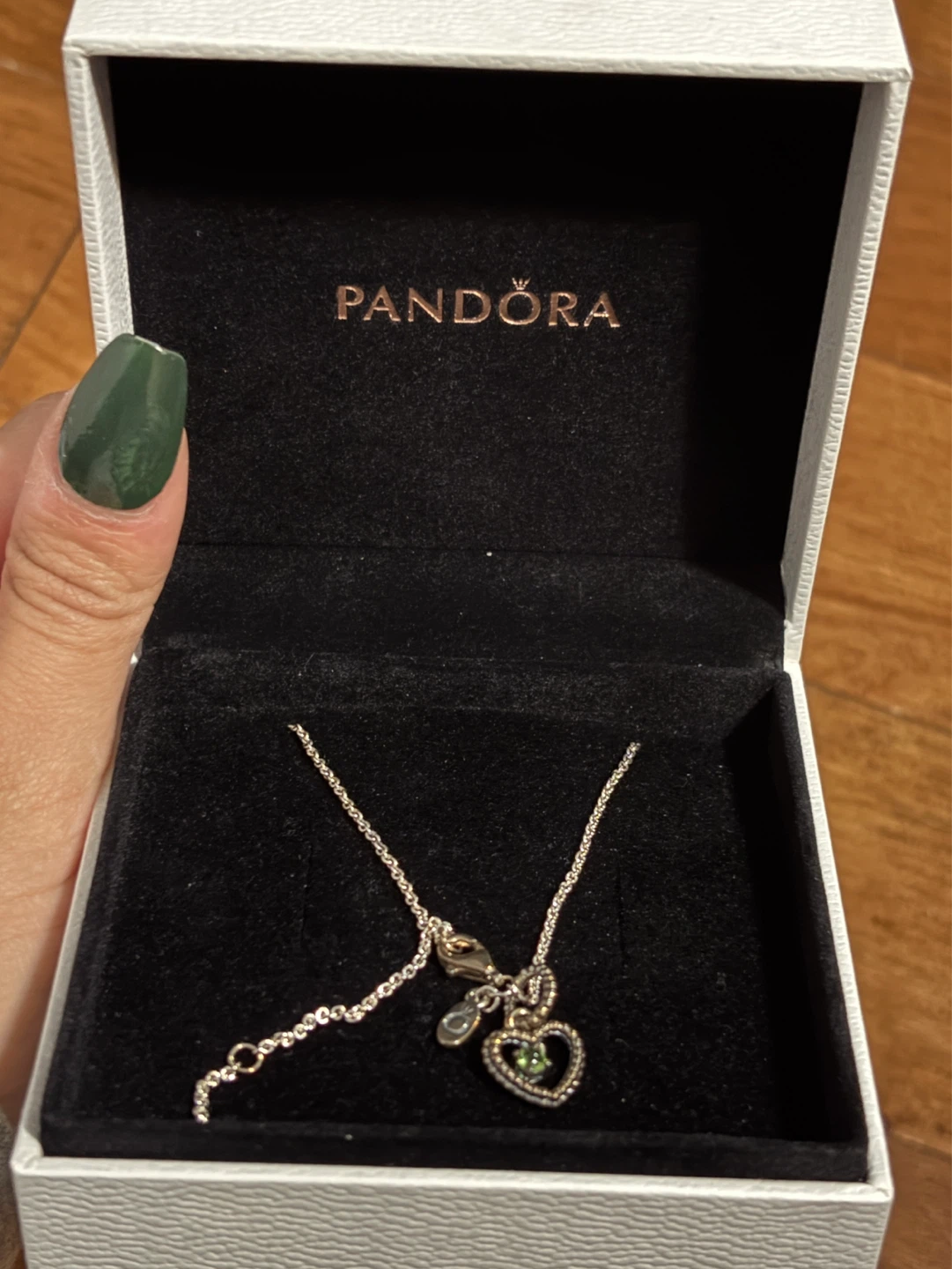 Pandora Heart Charm Necklace with Green Stone