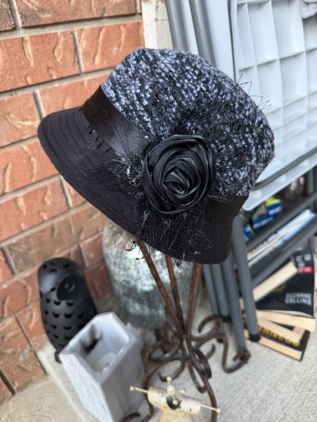 Black and Grey Cloche Hat with Flower Accent - photo 2