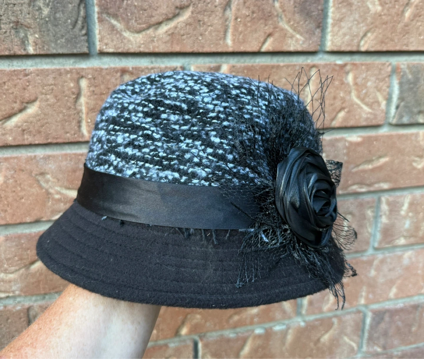Black and Grey Cloche Hat with Flower Accent