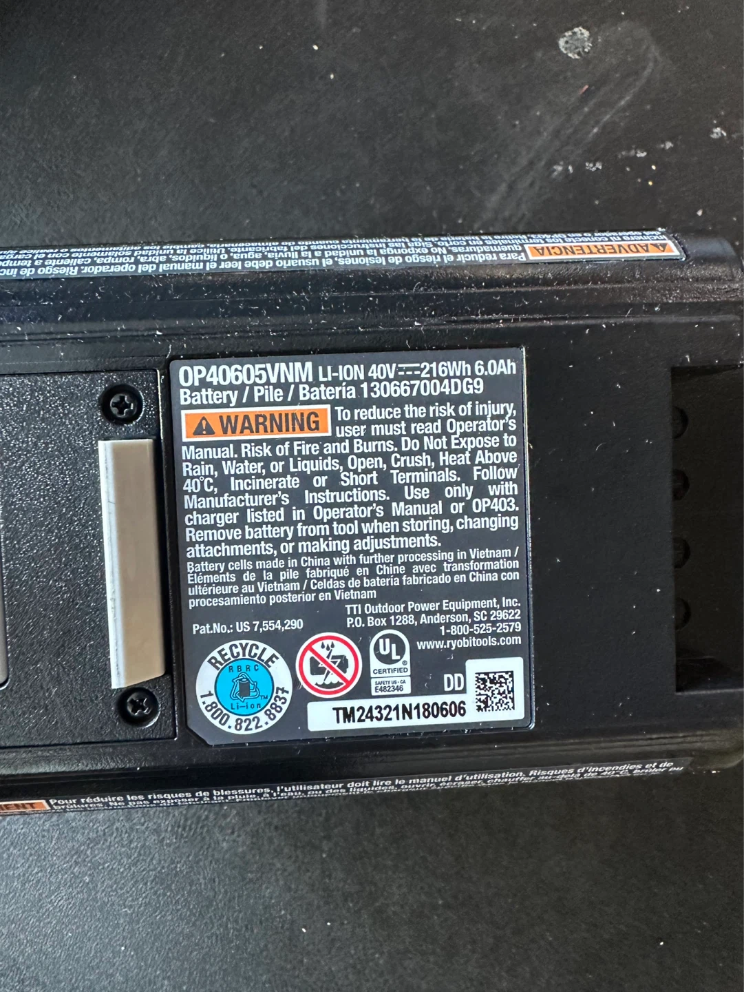 Ryobi 40V Lithium-Ion 6.0Ah Battery OP4060VNM - photo 2