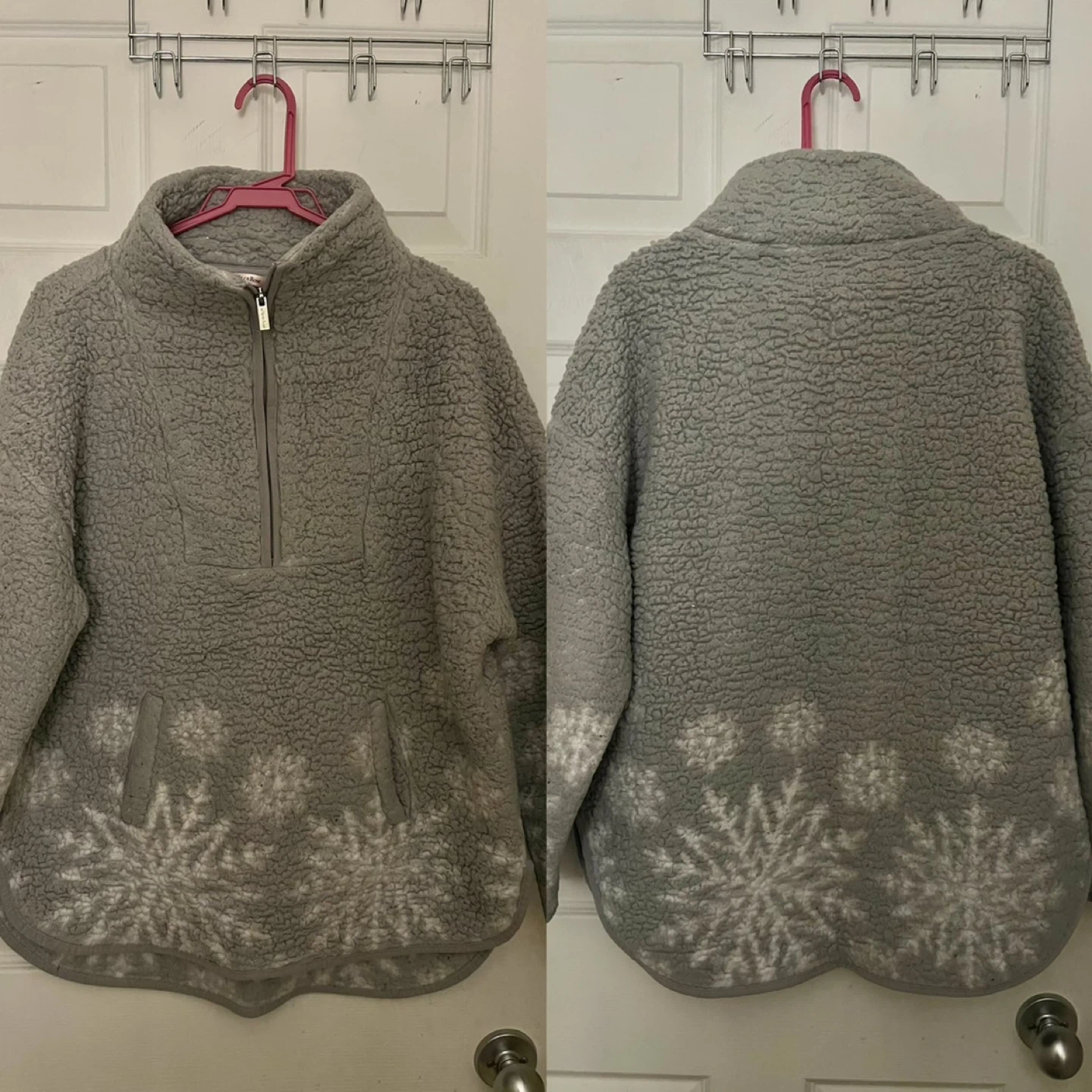 Grey Sherpa Fleece Pullover with Snowflakes