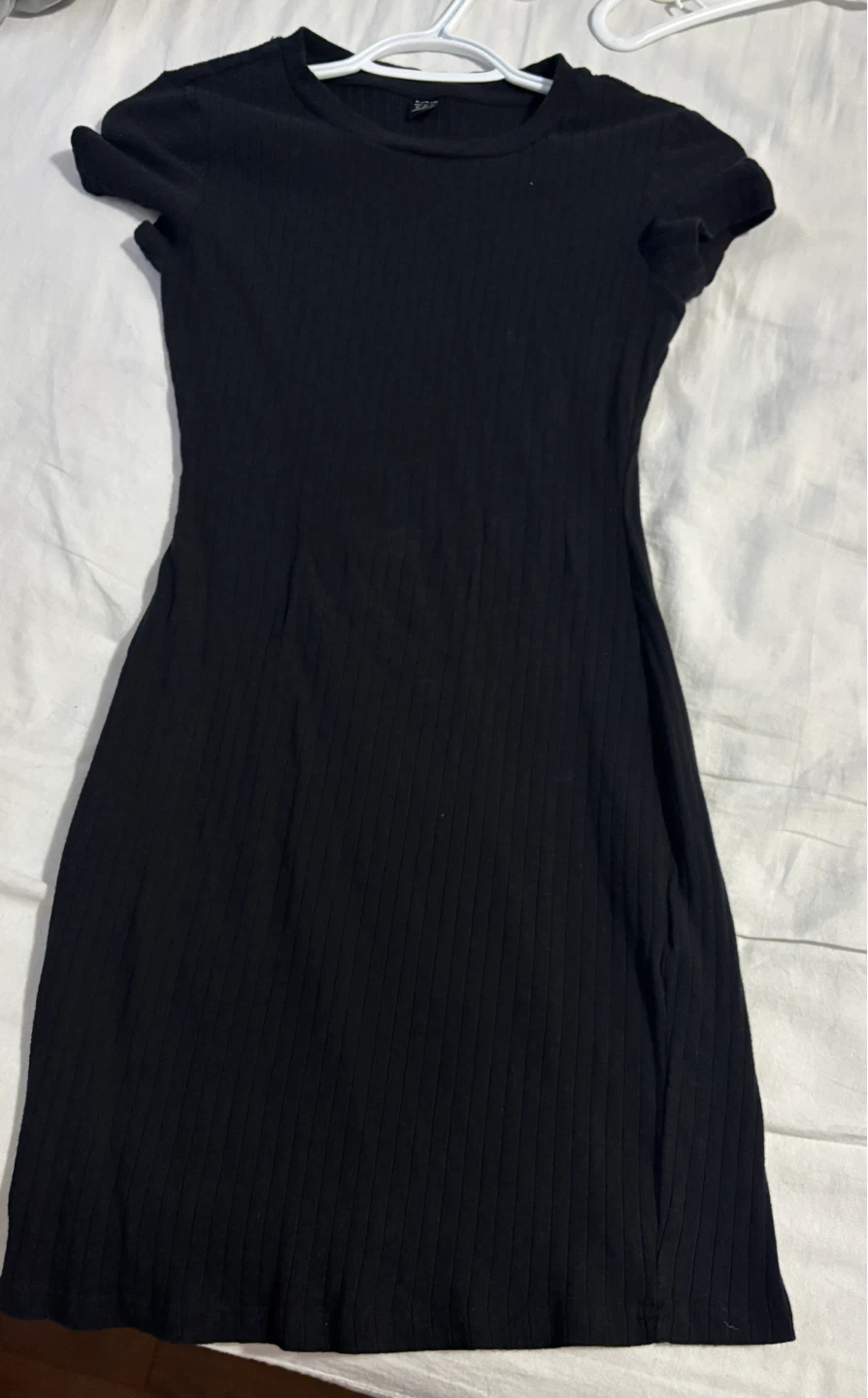 Black Ribbed Short Sleeve Midi Dress