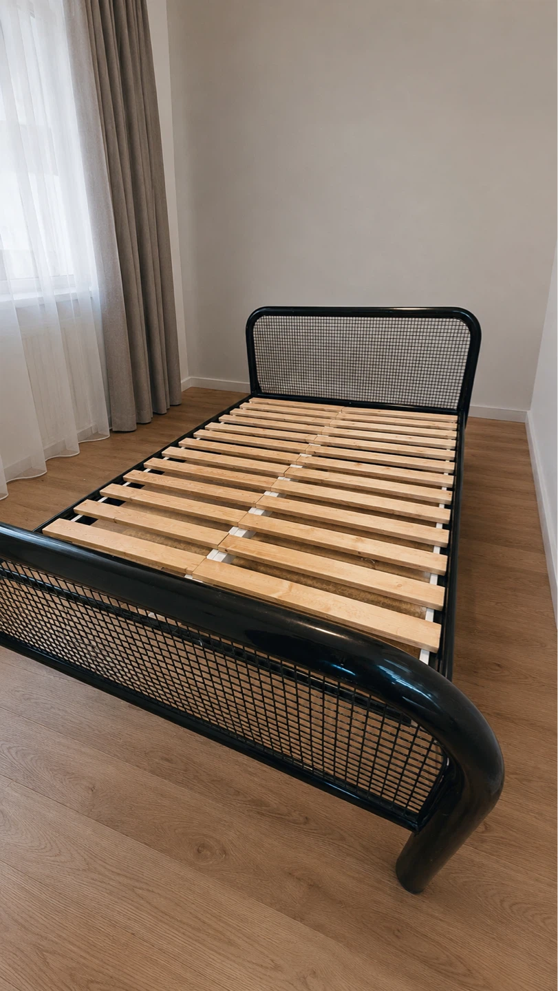 Black Metal Full/Double Bed Frame with Wooden Slats