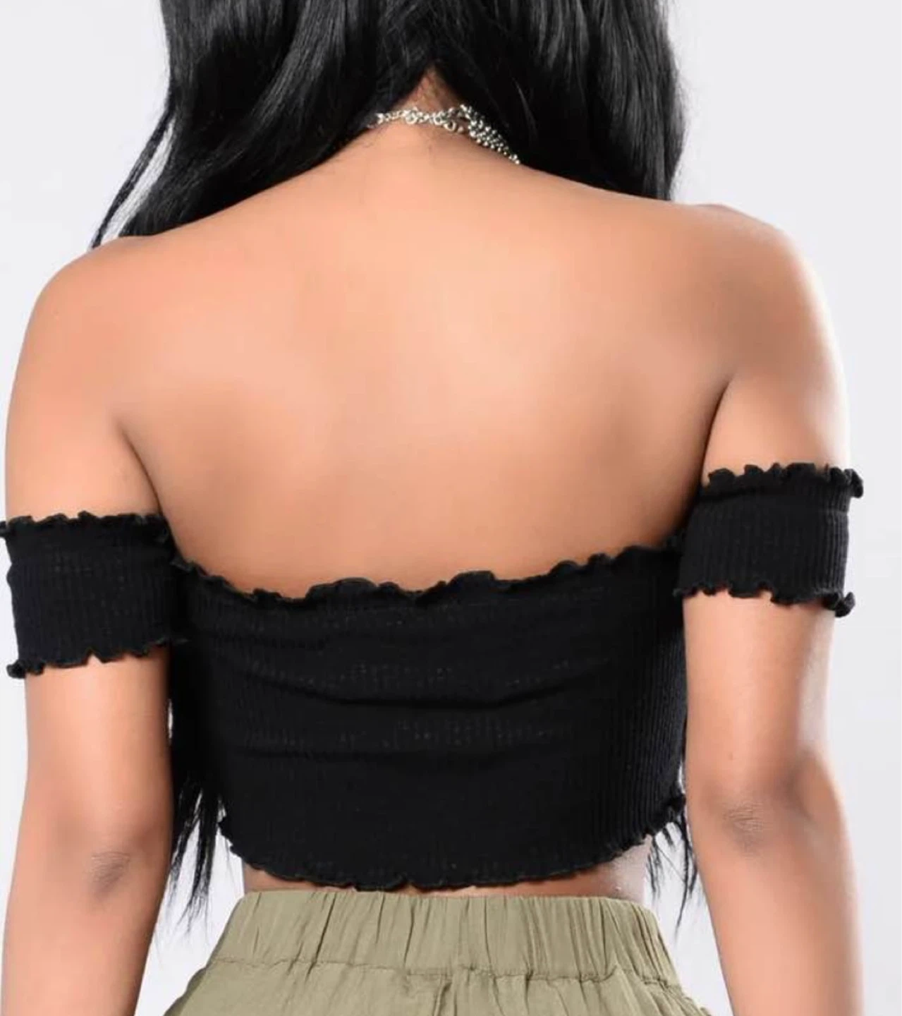 Black Off-the-Shoulder Smocked Crop Top - photo 2