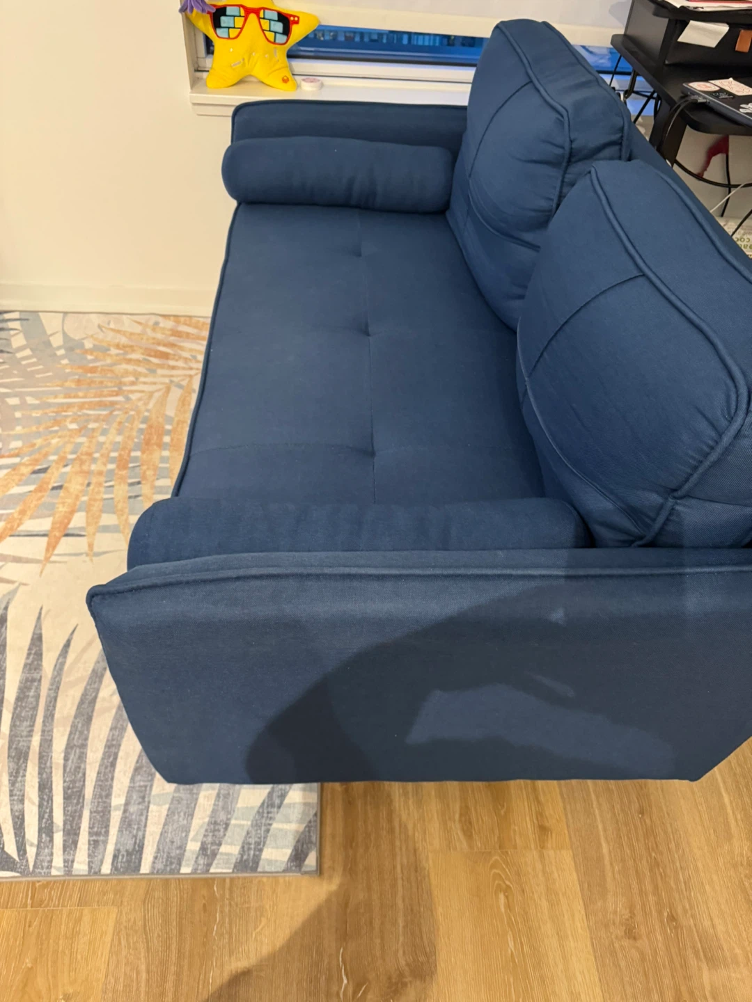 Blue 2-seater sofa with gold legs and one chair - photo 2