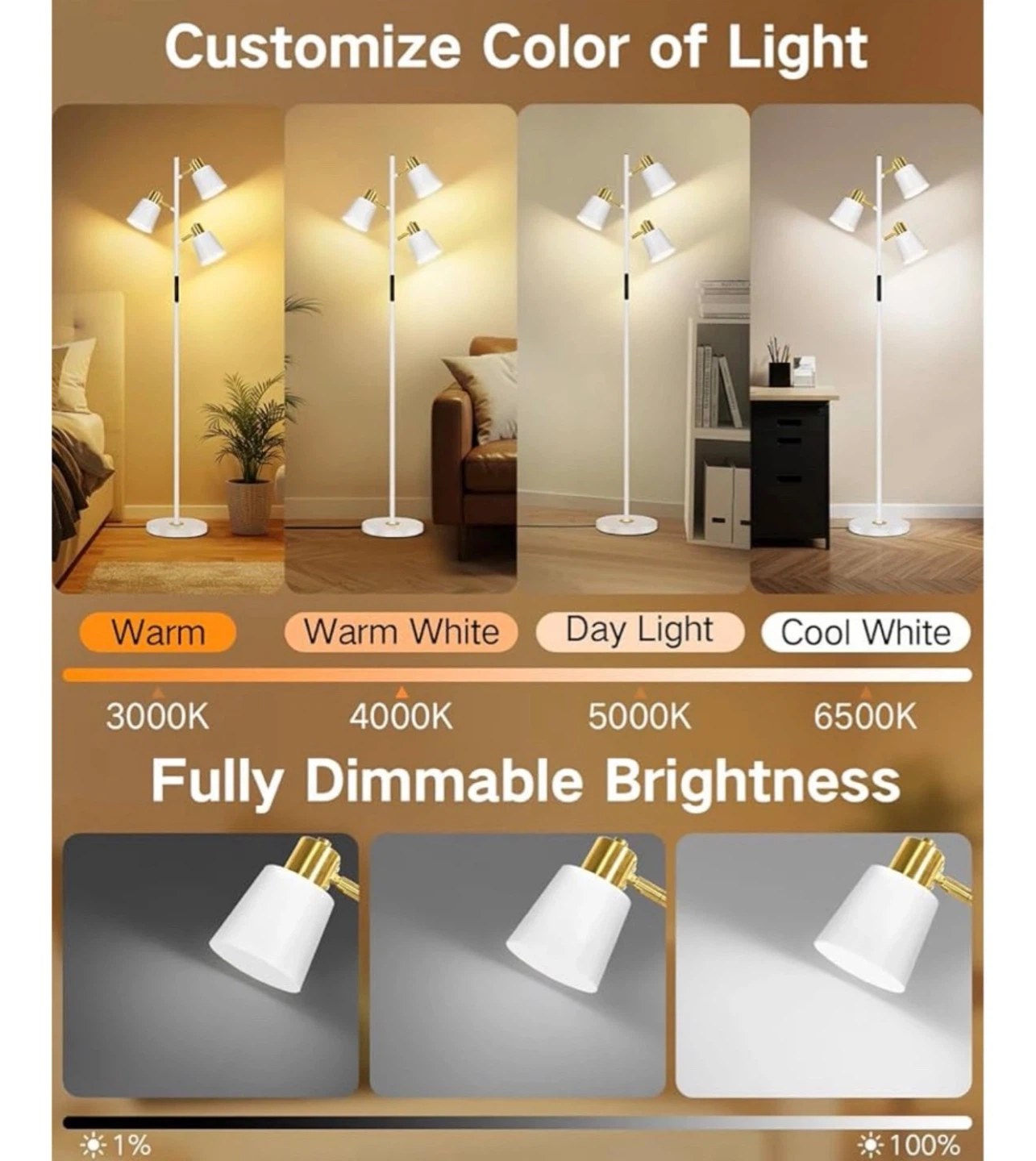 OUTON LED Tree Floor Lamp - White & Gold - photo 3