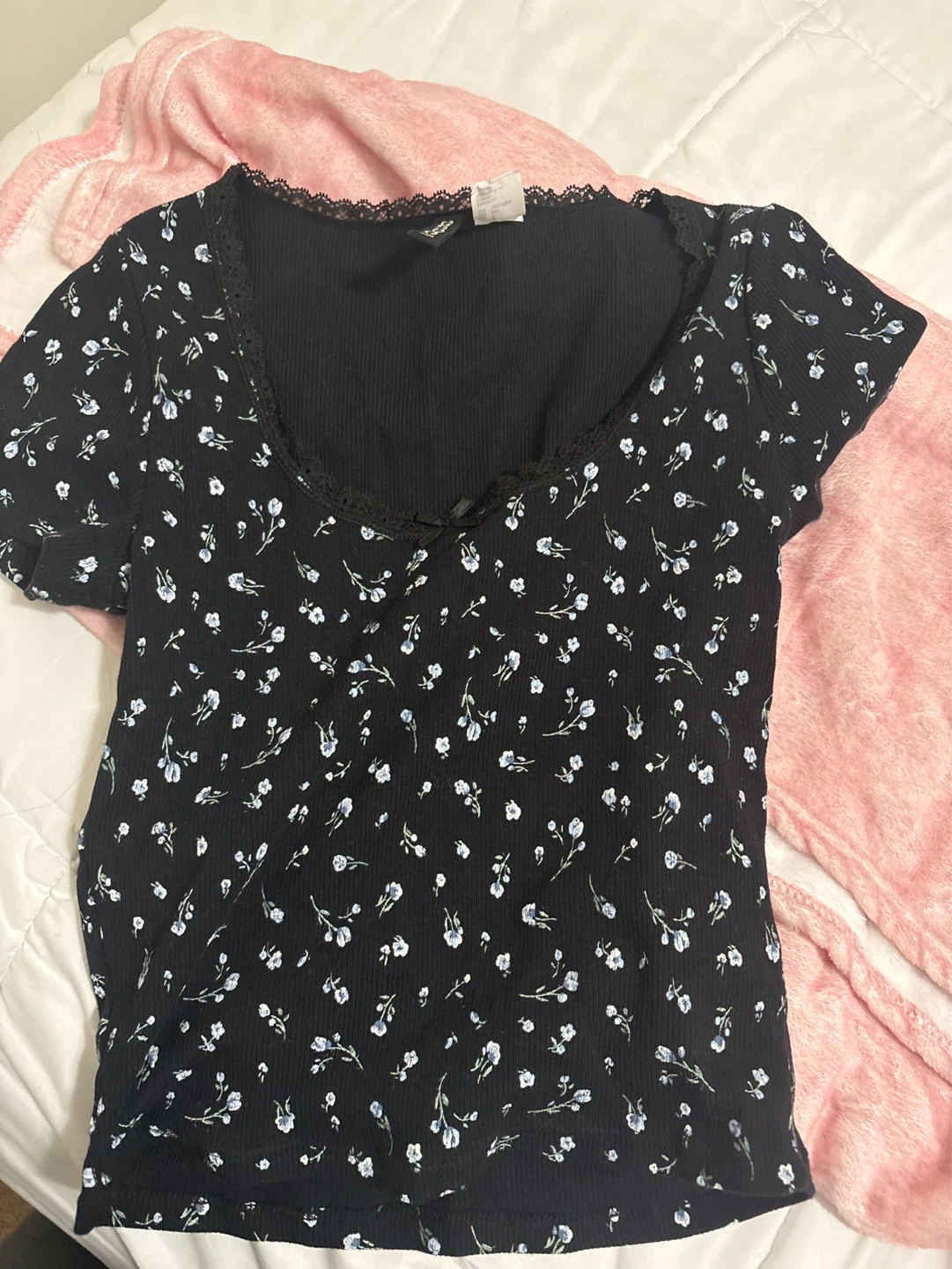 Black Floral Lace Trim Top