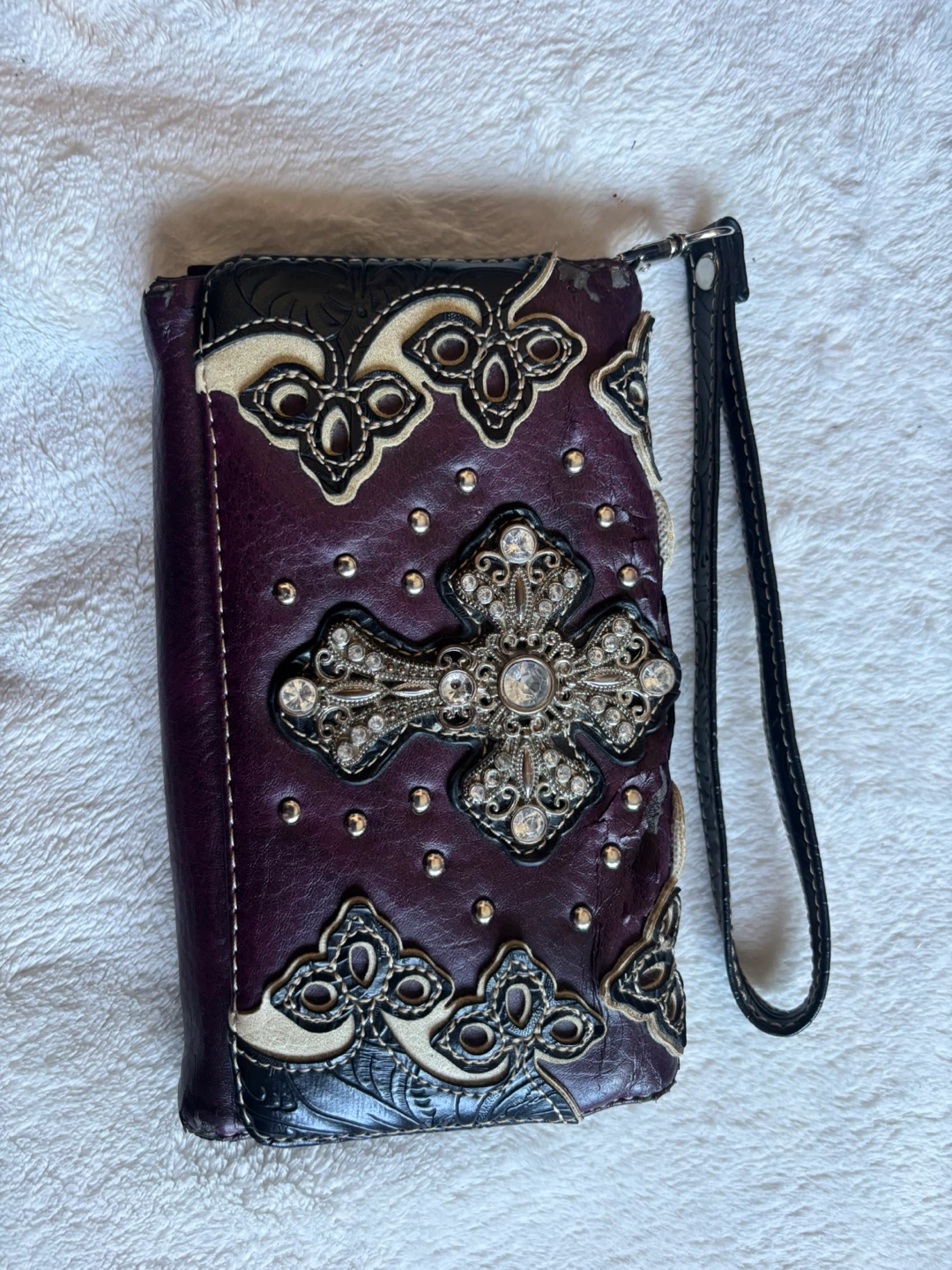 Purple Cross Embellished Wallet with Wrist Strap