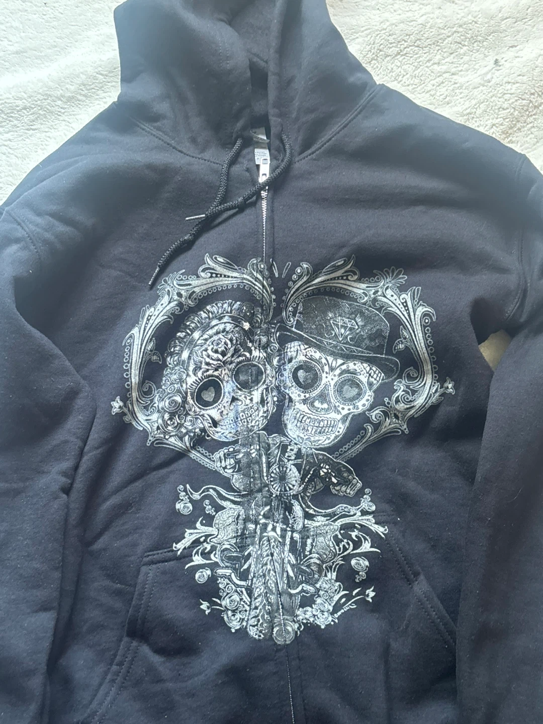 Black Zip-Up Hoodie with Sugar Skull Graphic
