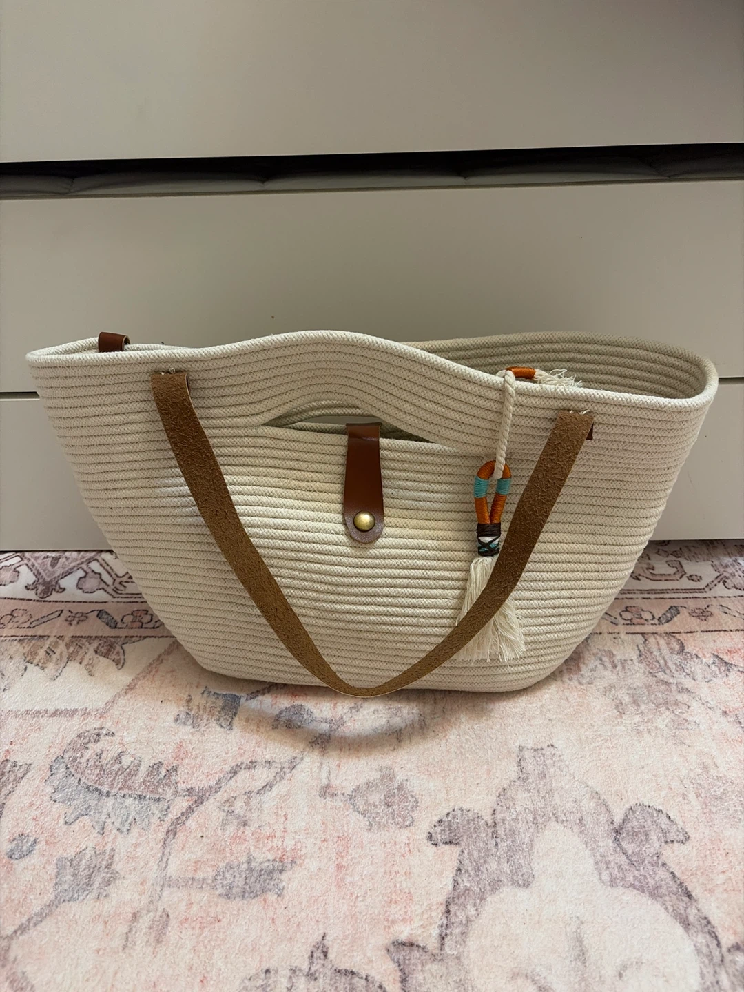 Cream Summer Tote Bag with Leather Straps - photo 2